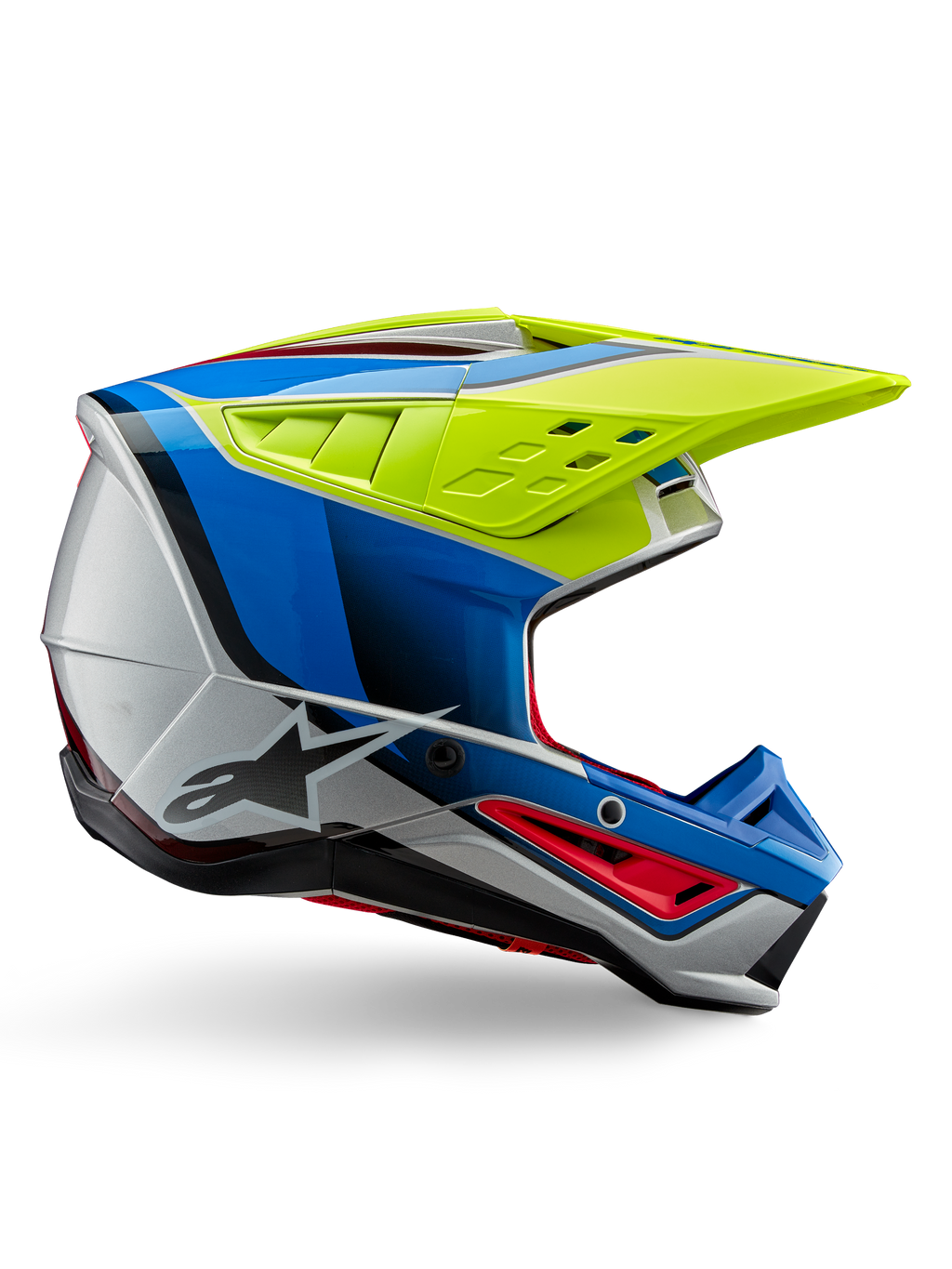 Alpinestars S-M5 Sail Helmet ECE, casco de motocross, amarillo flúor, azul esmalte y plateado brillante, perfil lateral con detalles en rojo y logotipo de la estrella en negro, diseño angular con puertos de ventilación, protección profesional para carreras off-road