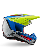 Alpinestars S-M5 Sail Helmet ECE, casco de motocross, amarillo flúor, azul esmalte y plateado brillante, perfil lateral con detalles en rojo y logotipo de la estrella en negro, diseño angular con puertos de ventilación, protección profesional para carreras off-road