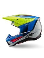 Alpinestars S-M5 Sail Helmet ECE, casco de motocross, amarillo flúor, azul esmalte y plata brillante, vista de perfil lateral con diseño aerodinámico, visera ventilada y logotipo de Alpinestars destacado, protección de alto rendimiento para carreras todoterreno