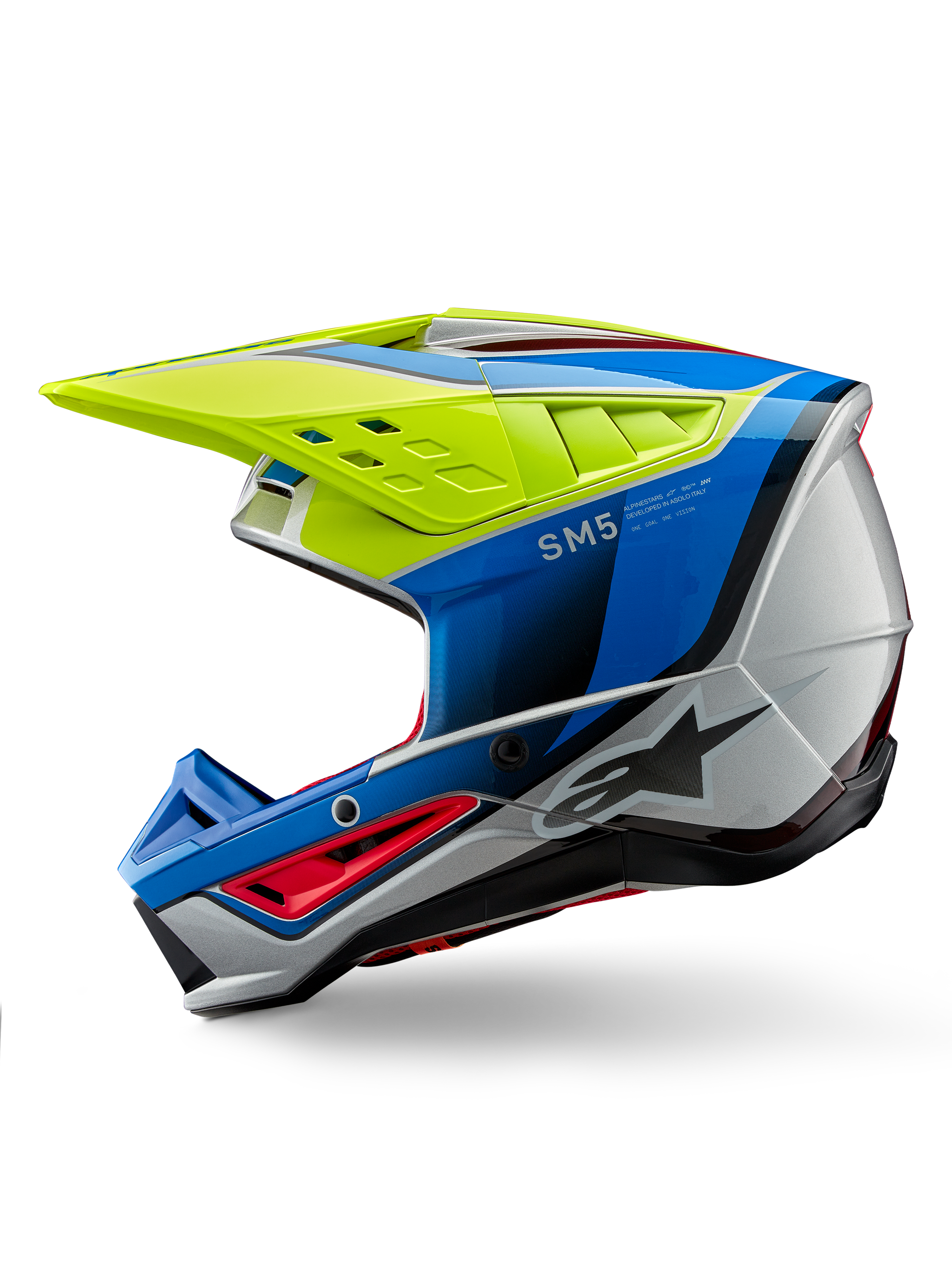 Alpinestars S-M5 Sail Helmet ECE, casco de motocross, amarillo flúor, azul esmalte y plata brillante, vista de perfil lateral con diseño aerodinámico, visera ventilada y logotipo de Alpinestars destacado, protección de alto rendimiento para carreras todoterreno