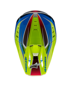 Casco Alpinestars S-M5 Sail ECE, casco de motocross, amarillo flúor, azul esmalte y plateado brillante, vista desde arriba que destaca la visera con el logotipo de Alpinestars y las entradas de aire integradas