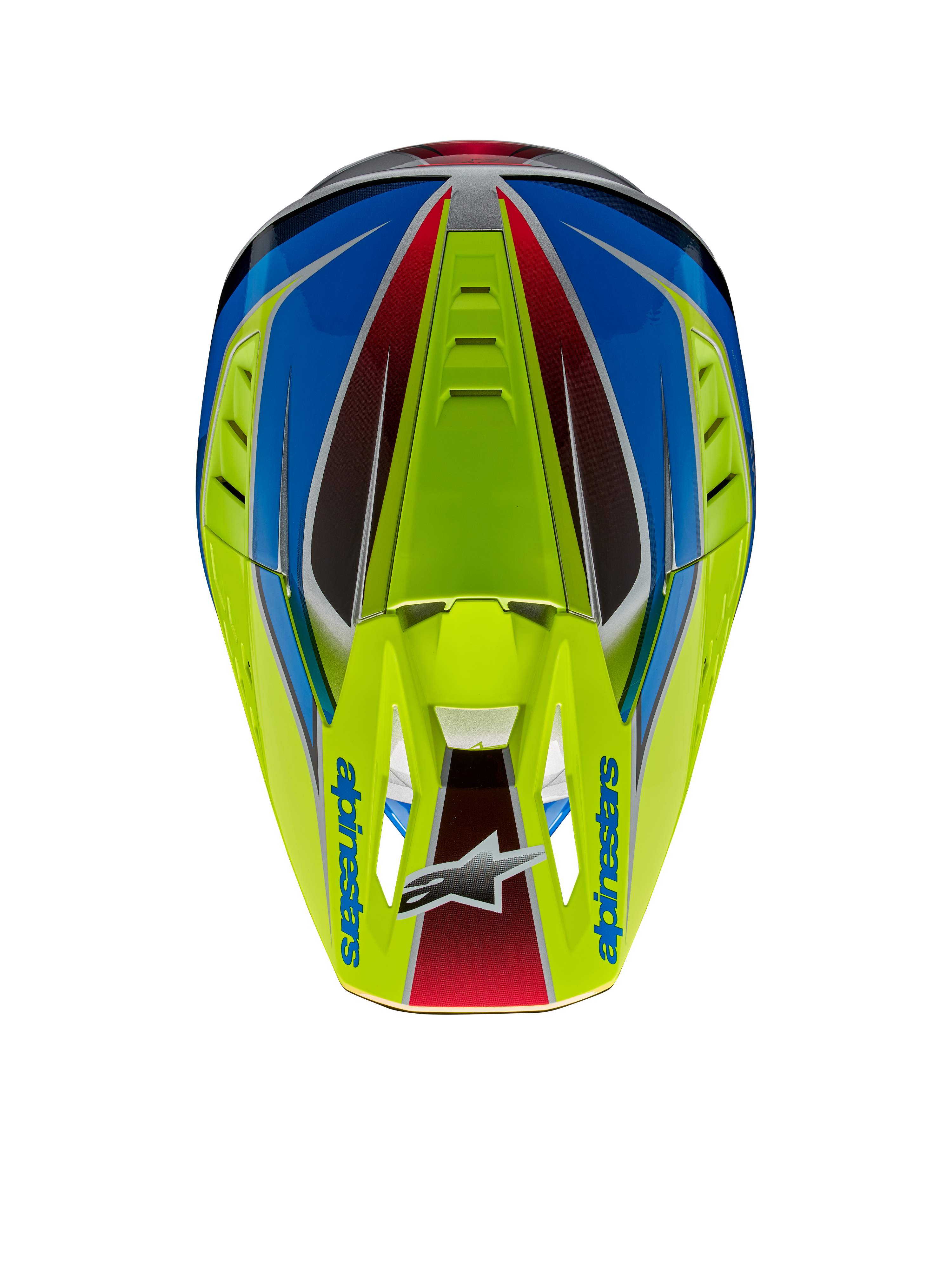 Casco Alpinestars S-M5 Sail ECE, casco de motocross, amarillo flúor, azul esmalte y plateado brillante, vista desde arriba que destaca la visera con el logotipo de Alpinestars y las entradas de aire integradas