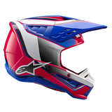 Casco Alpinestars S-M5 Sail ECE, casco de motocross, blanco, rosa diva y azul esmalte brillante, vista de perfil lateral con gráficos llamativos, logotipo de Alpinestars y sistema de ventilación integrado para carreras todoterreno