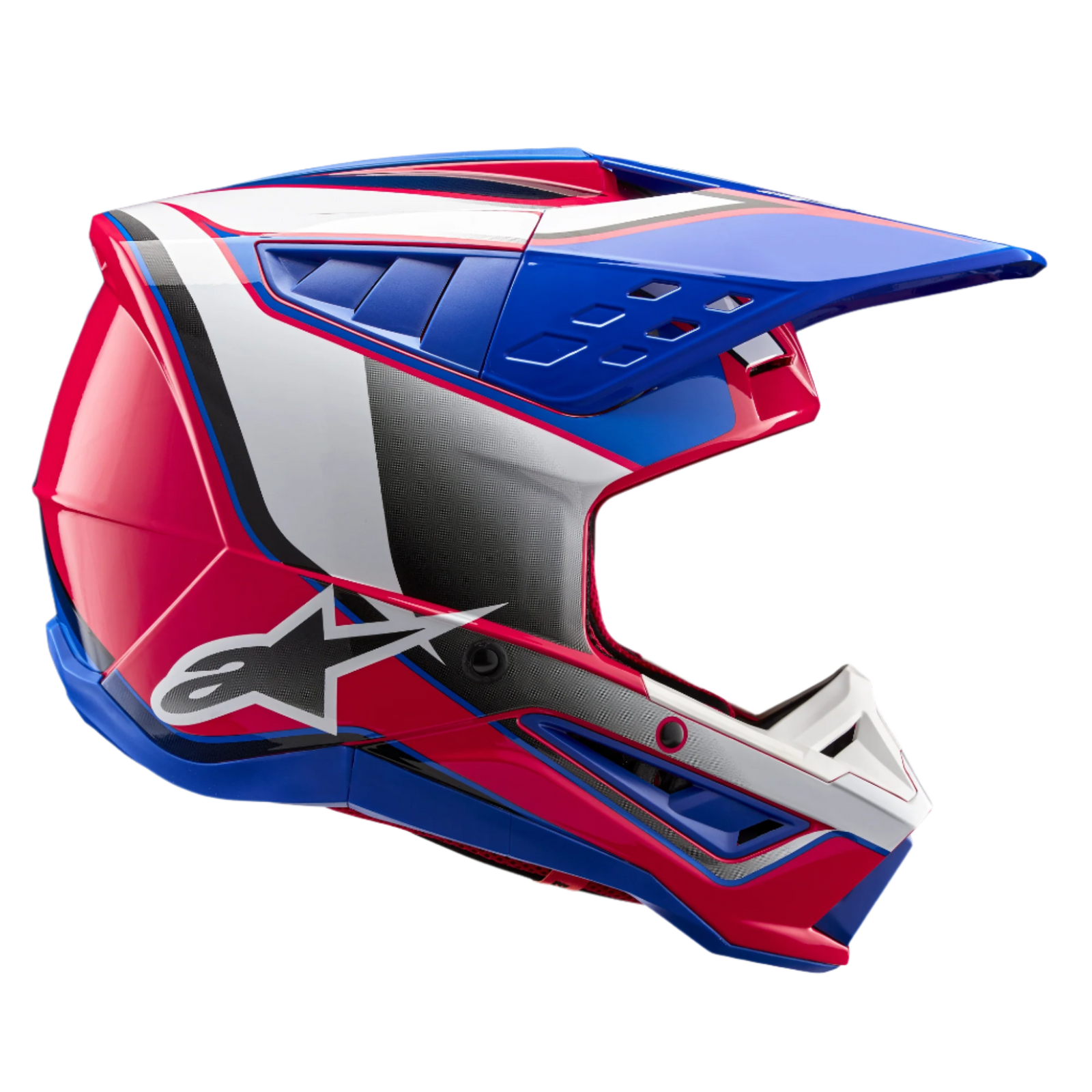 Casco Alpinestars S-M5 Sail ECE, casco de motocross, blanco, rosa diva y azul esmalte brillante, vista de perfil lateral con gráficos llamativos, logotipo de Alpinestars y sistema de ventilación integrado para carreras todoterreno