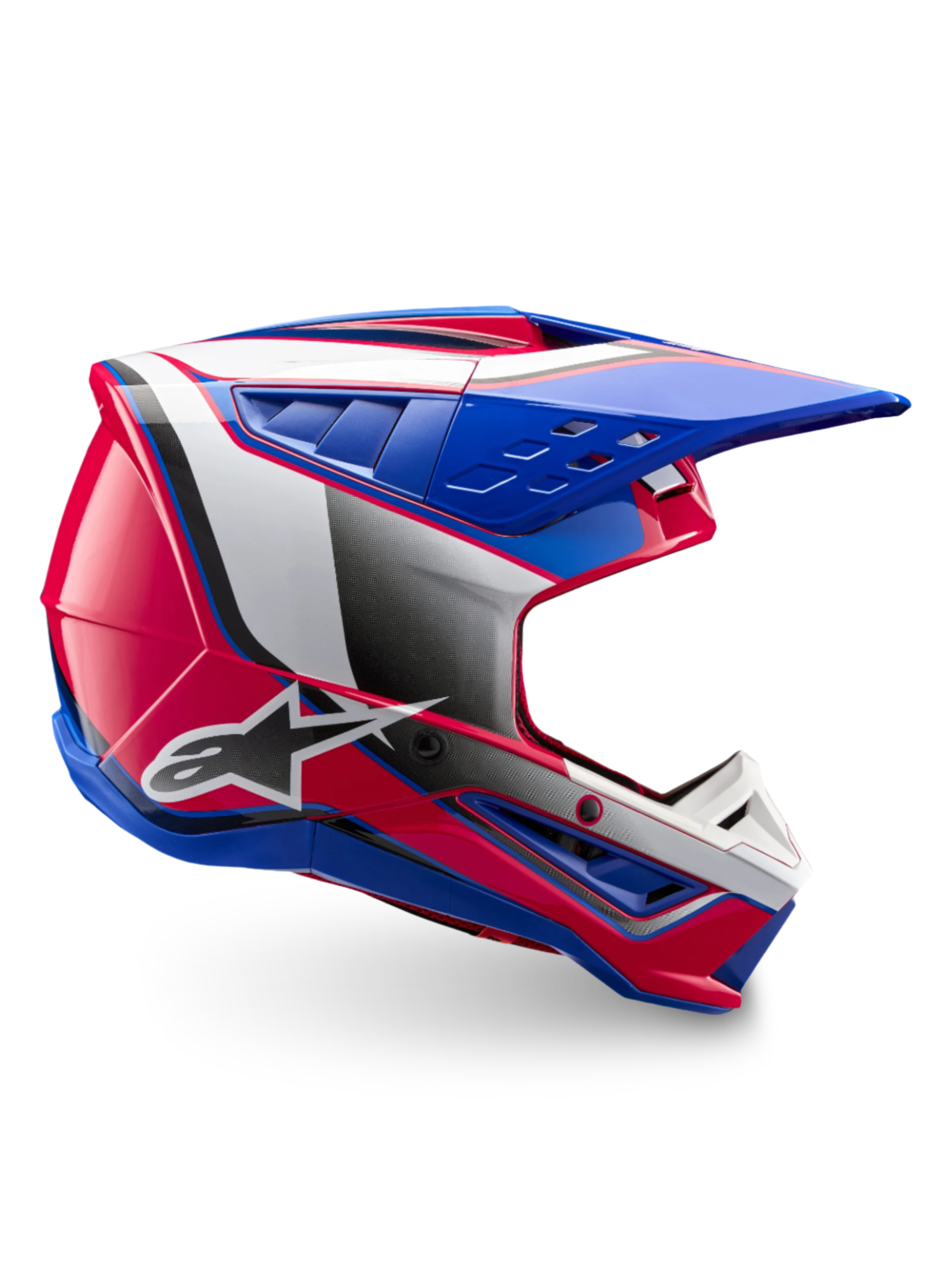 Alpinestars S-M5 Sail Helmet, ECE 22.06 Motocross Helmet in White, Diva Pink, and Enamel Blue, glossy finish.