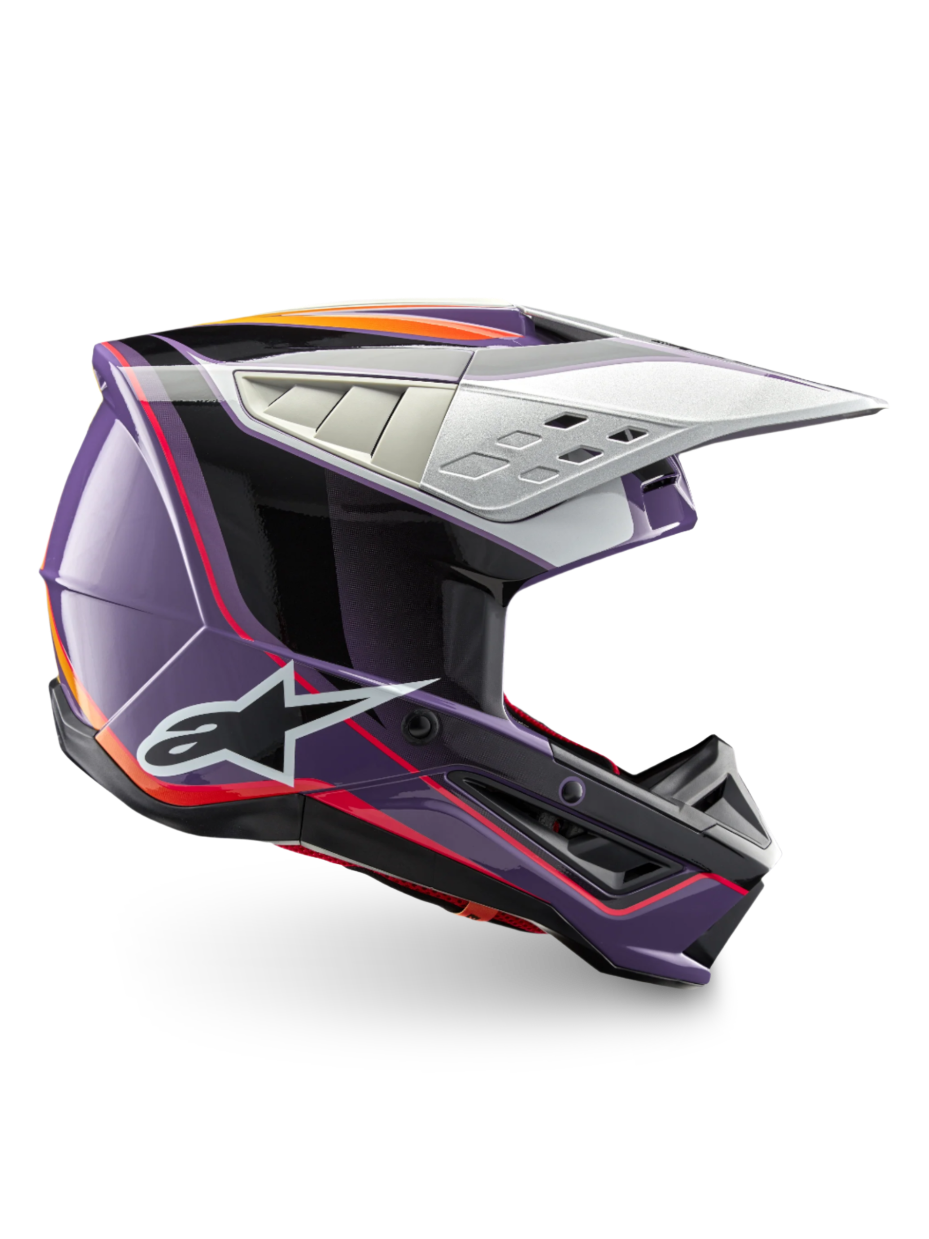 Alpinestars S-M5 Sail Helmet, ECE 22.06 certified motocross helmet in glossy violet, black, and silver for off-road racing.