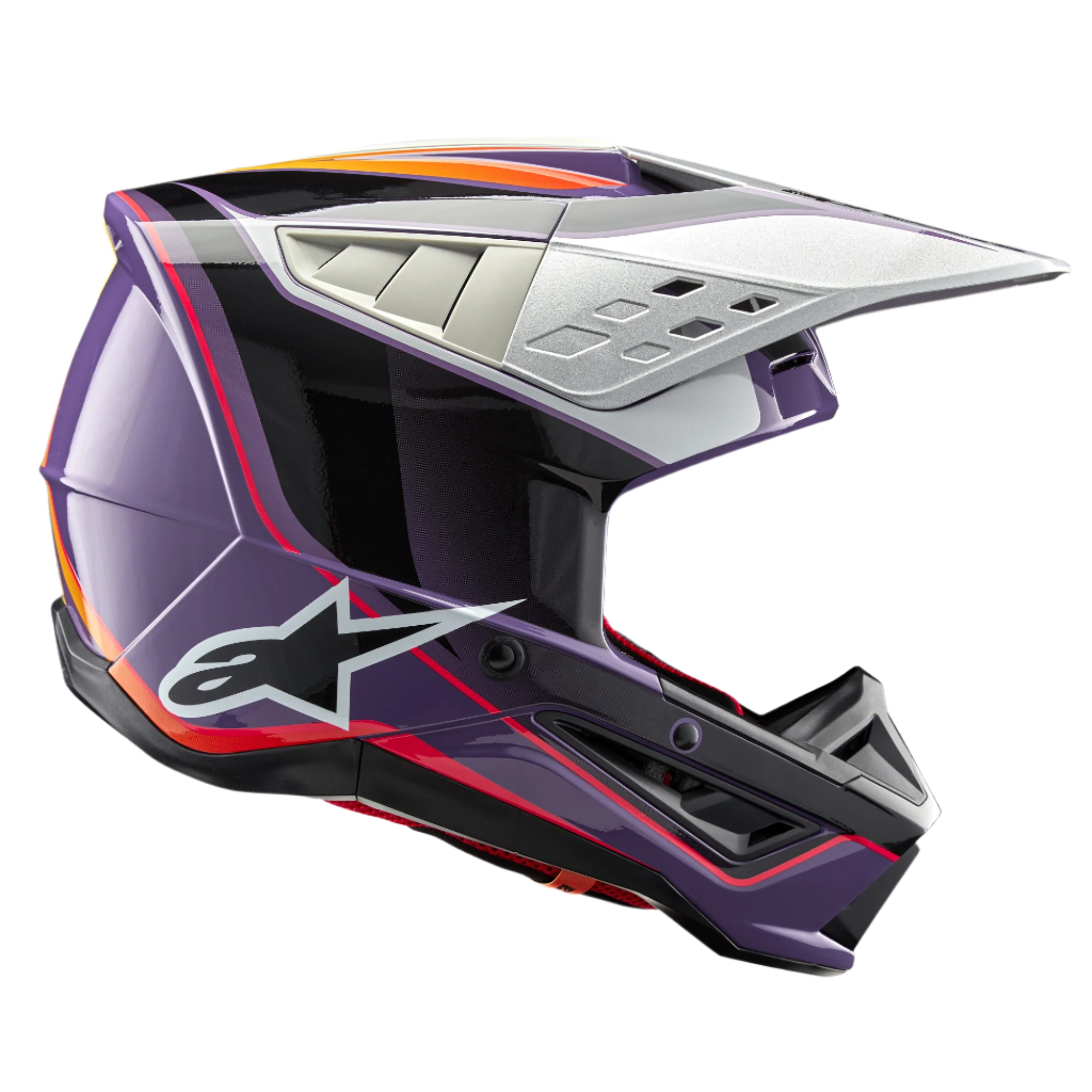 Alpinestars S-M5 Sail Helmet ECE, casco de motocross, violeta, negro y plateado brillante, con llamativos gráficos en naranja y rojo, visera plateada ventilada, calota aerodinámica con logo de estrella blanca y protección profesional para competiciones off-road