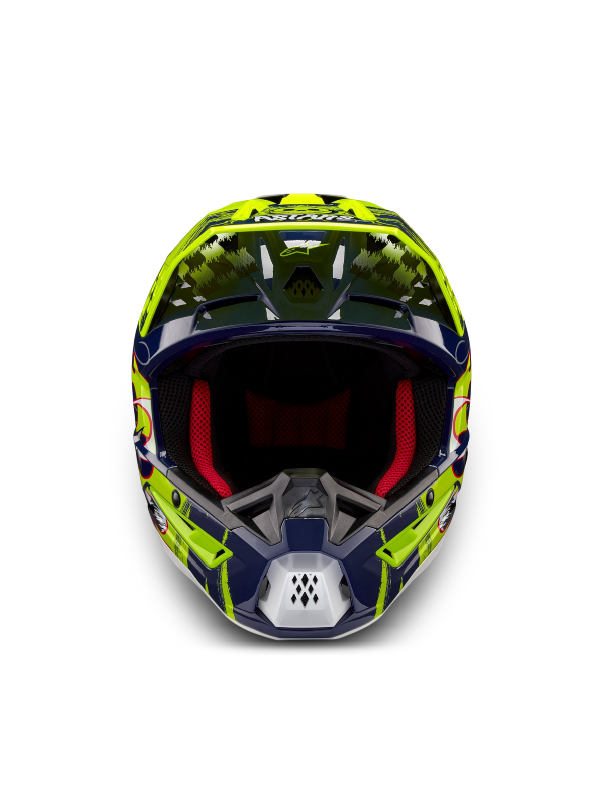 Alpinestars S-M5 Rash Helmet ECE 22.06, Motocross Helmet, Night Navy and Yellow Fluo, front view with red padding.