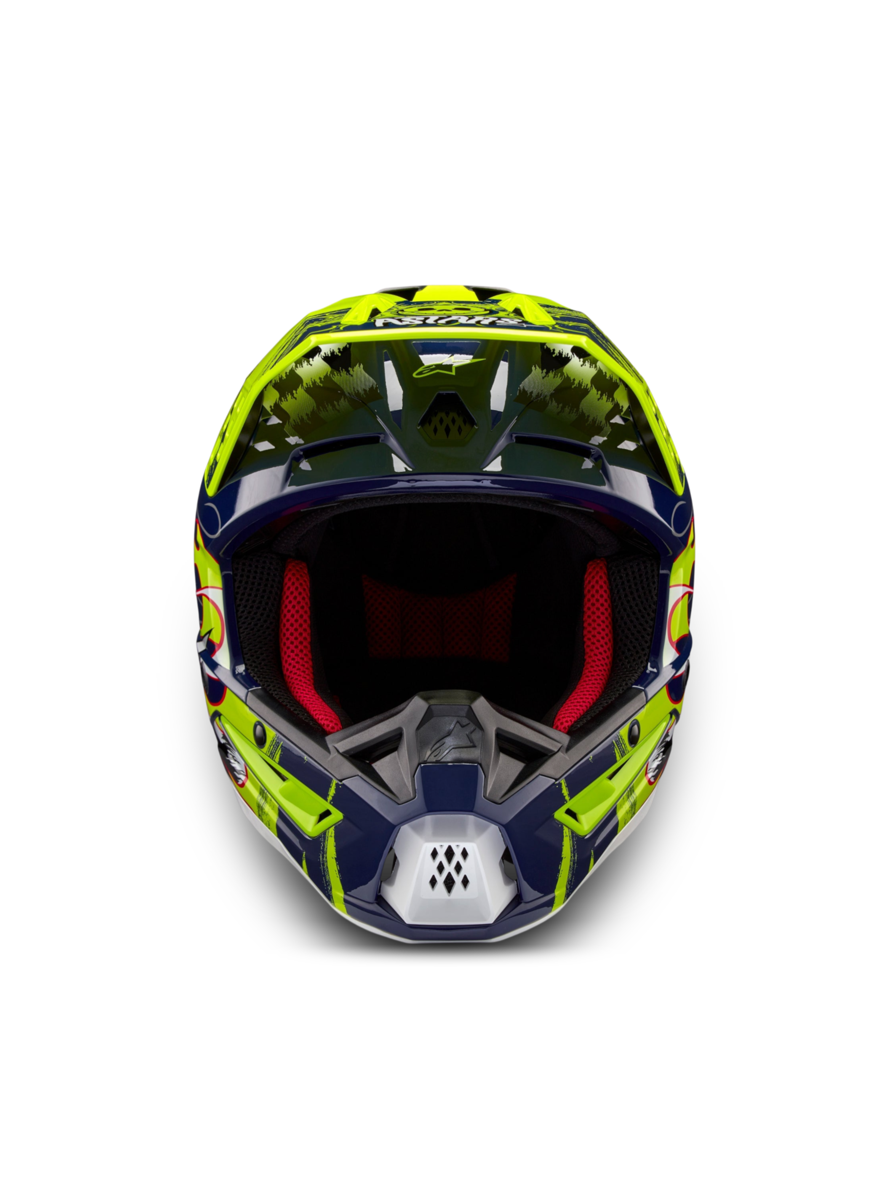 Alpinestars S-M5 Rash, casco de motocross ECE 22.06, azul marino y amarillo fluo con acolchado rojo