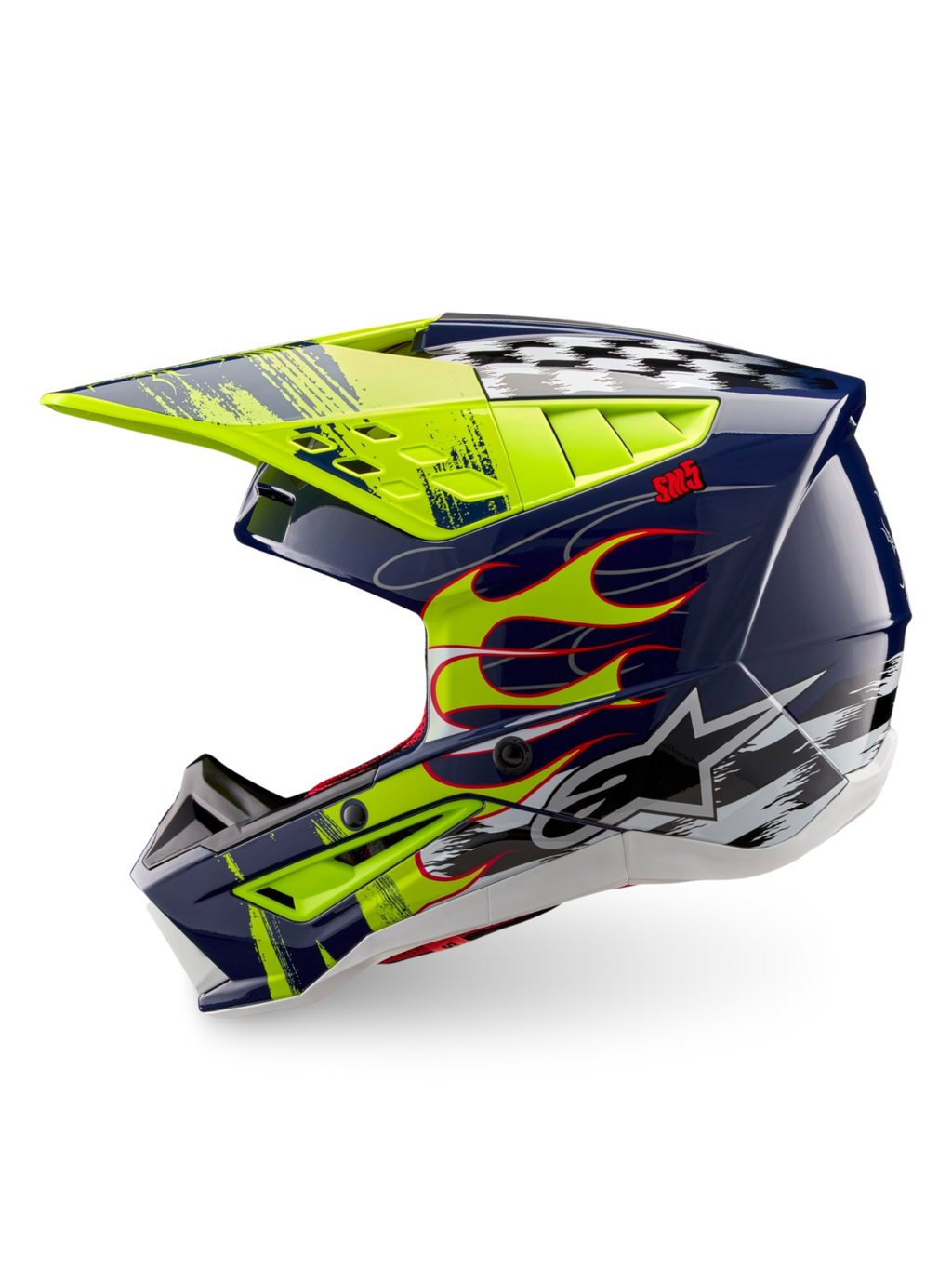 Alpinestars S-M5 Rash, casco de motocross, azul marino y amarillo flúor brillante, gráficos de llamas y cuadros, certificado ECE 22.06