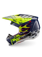 Alpinestars S-M5 Rash, casco de motocross, azul marino y amarillo flúor brillante, gráficos de llamas y cuadros, certificado ECE 22.06