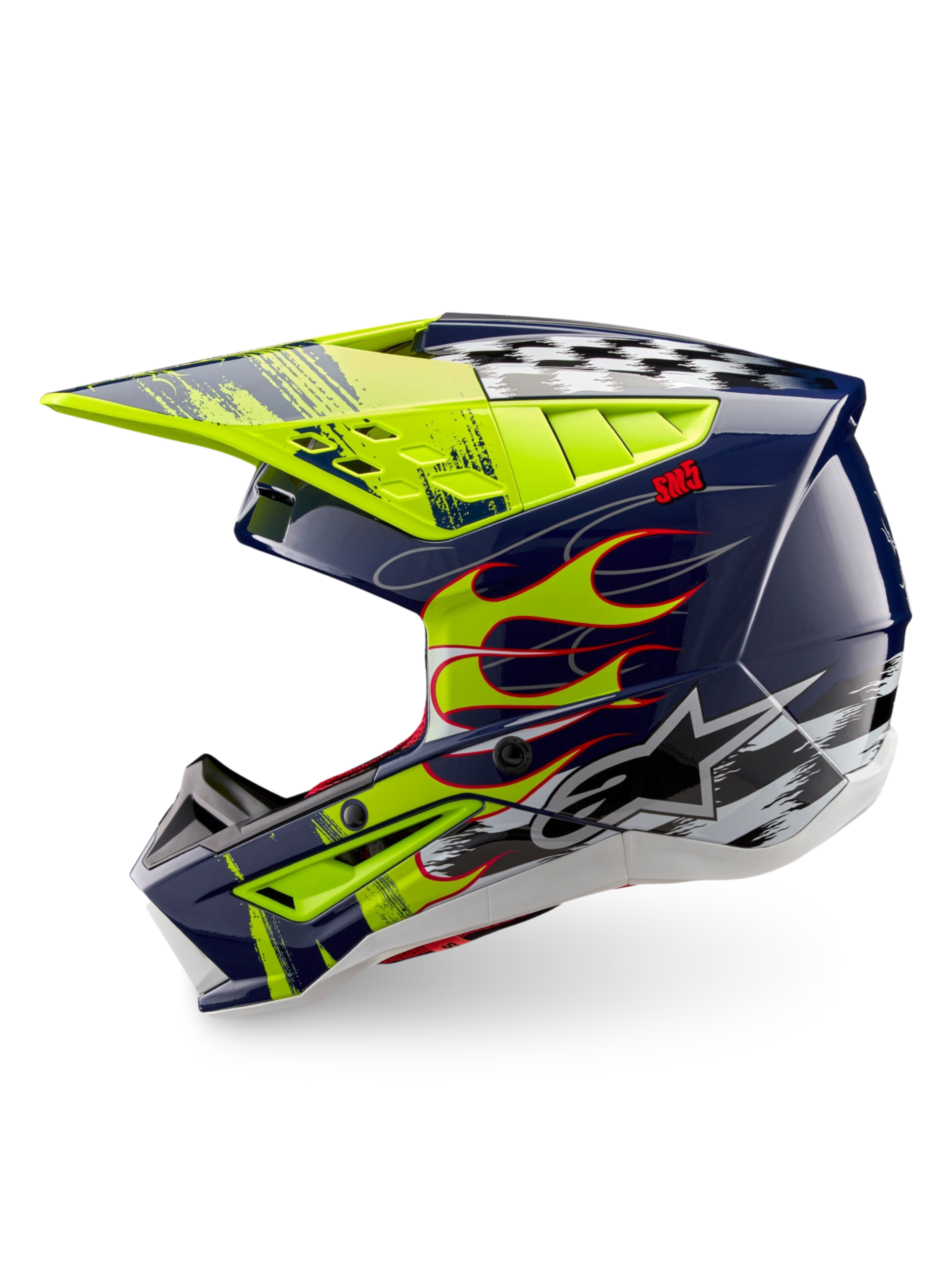 Alpinestars S-M5 Rash, casco de motocross, azul marino y amarillo flúor brillante, gráficos de llamas y cuadros, certificado ECE 22.06