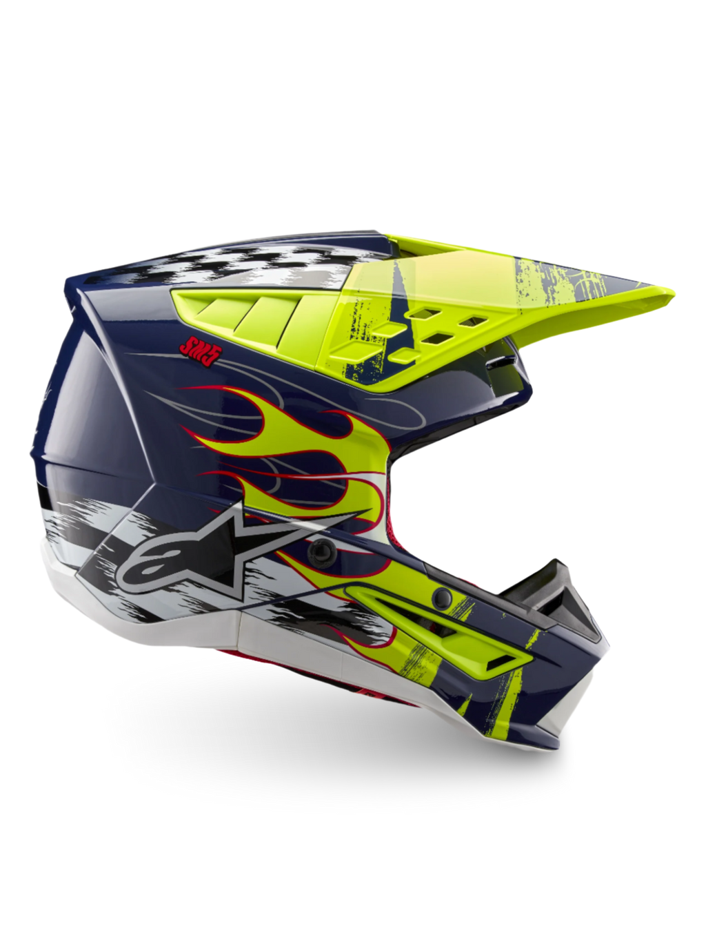 Alpinestars S-M5 Rash ECE 22.06, casco de motocross azul noche y amarillo flúor brillante con gráficos de llamas.