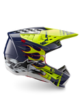 Alpinestars S-M5 Rash ECE 22.06, casco de motocross azul noche y amarillo flúor brillante con gráficos de llamas.