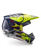 Alpinestars S-M5 Rash ECE 22.06, casco de motocross azul noche y amarillo flúor brillante con gráficos de llamas.