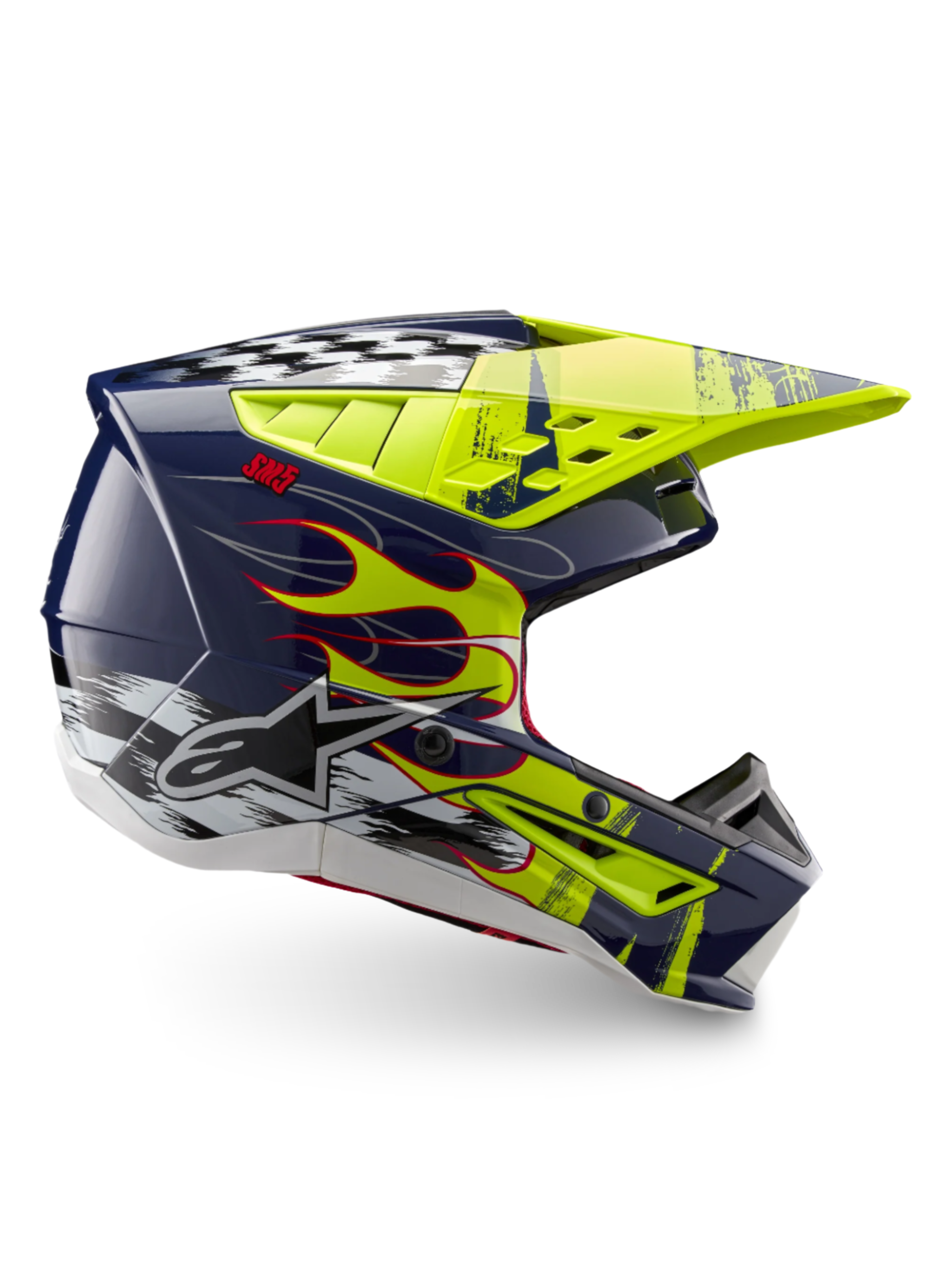 Alpinestars S-M5 Rash Helmet ECE 22.06, Motocross Helmet in Night Navy and Yellow Fluo Glossy featuring flame graphics and Alpinestars logo, optimized for off-road racing protection.