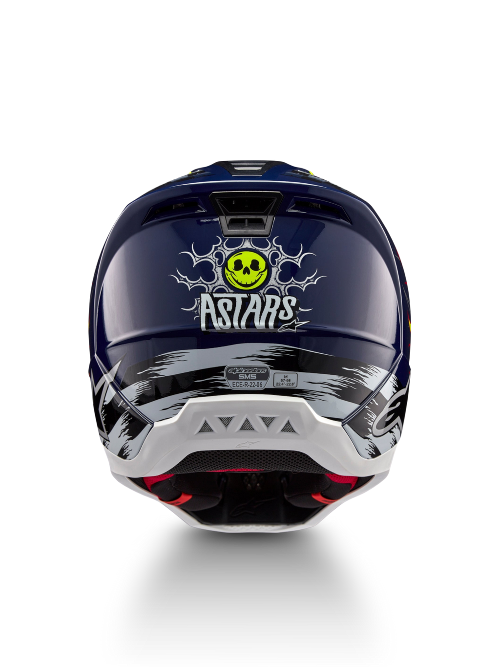 Alpinestars S-M5 Rash, casco de motocross azul marino y amarillo fluo, certificación ECE 22.06, gráfico de calavera trasera