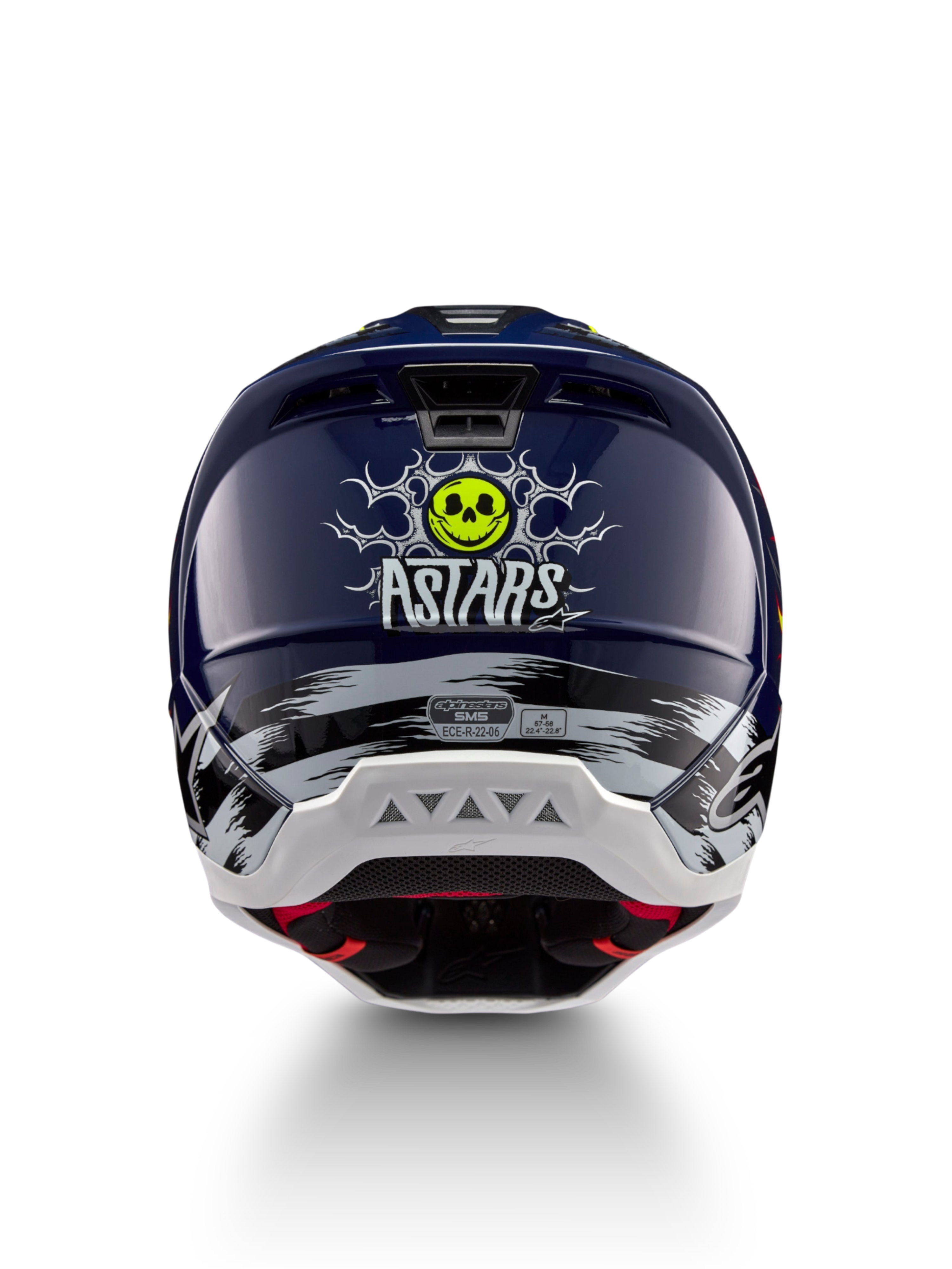 Alpinestars S-M5 Rash, casco de motocross azul marino y amarillo fluo, certificación ECE 22.06, gráfico de calavera trasera