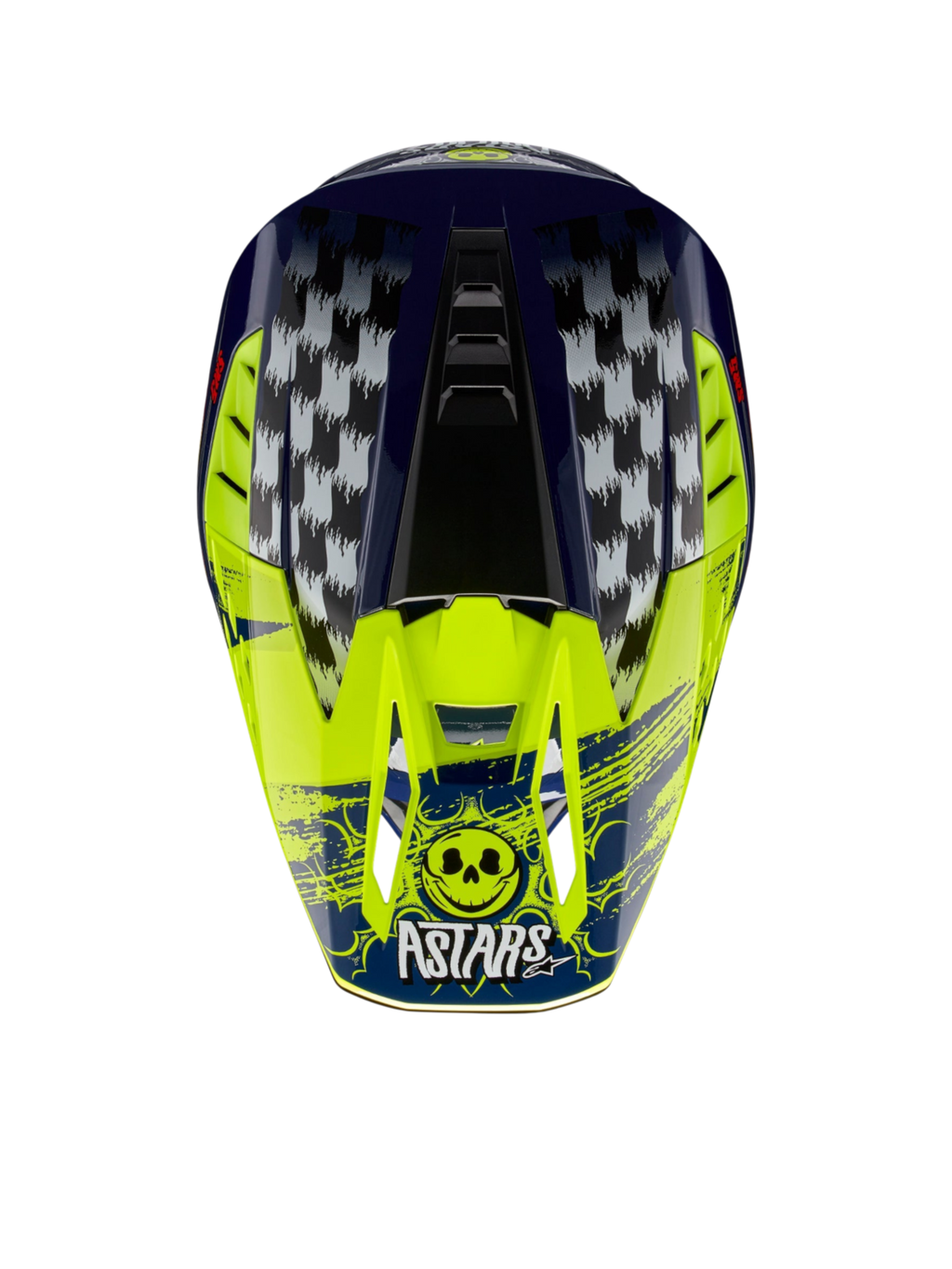 Alpinestars S-M5 Rash, casco de motocross en azul marino y amarillo fluo con gráficos de cuadros y logotipo de calavera Astars