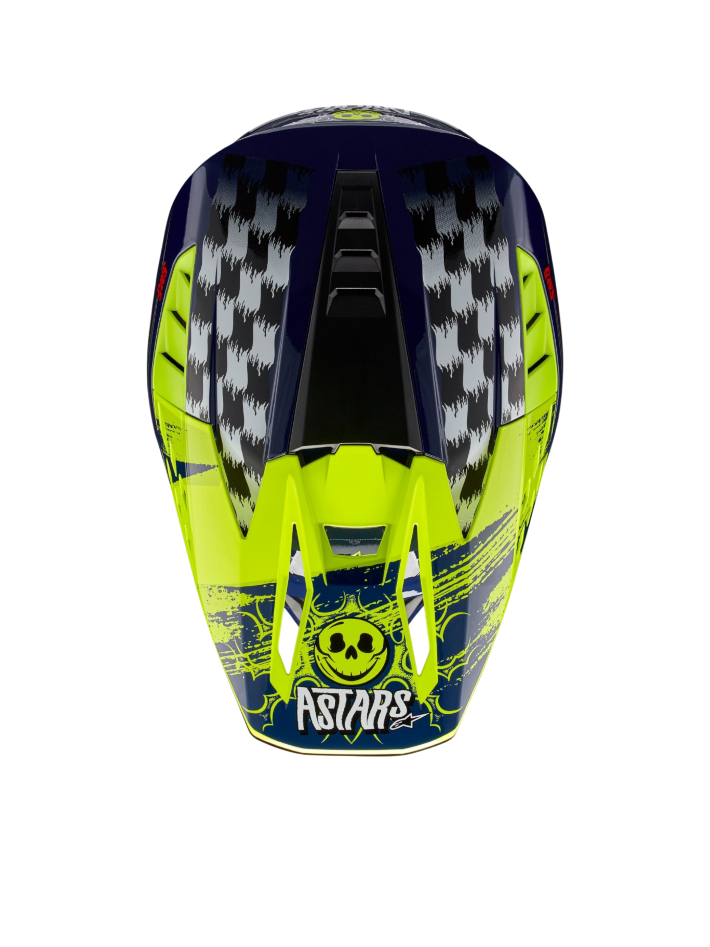 Alpinestars S-M5 Rash, casco de motocross en azul marino y amarillo fluo con gráficos de cuadros y logotipo de calavera Astars