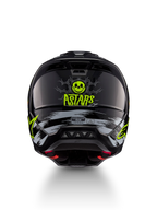 Alpinestars S-M5 Rash Helmet, black and neon yellow motocross helmet with skull graphic, rear view, ECE 22.06 certified.