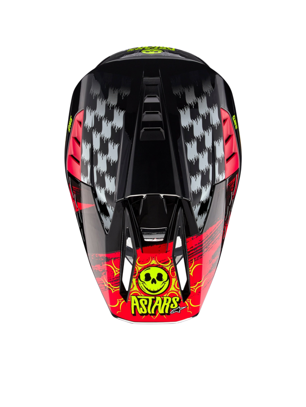Alpinestars S-M5 Rash Helmet ECE 22.06, Motocross Helmet in Dark Gray and Bright Red, top view with skull graphic.