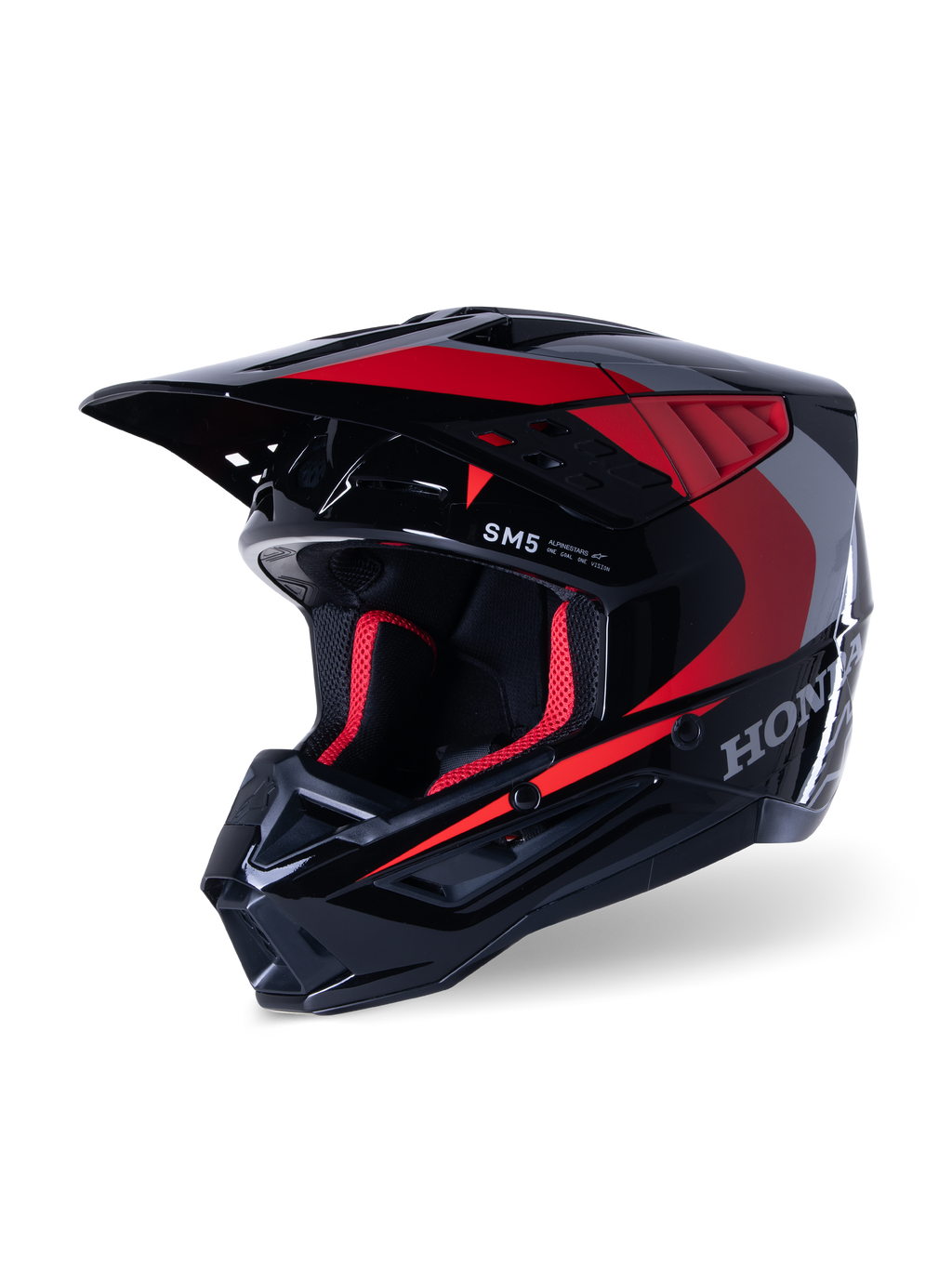 Casco Alpinestars Honda S-M5, casco de motocross, negro y rojo brillante, con gráficos plateados de Honda y el logotipo SM5, perfil aerodinámico con grandes entradas de aire y visera ajustable, diseñado para competiciones off-road