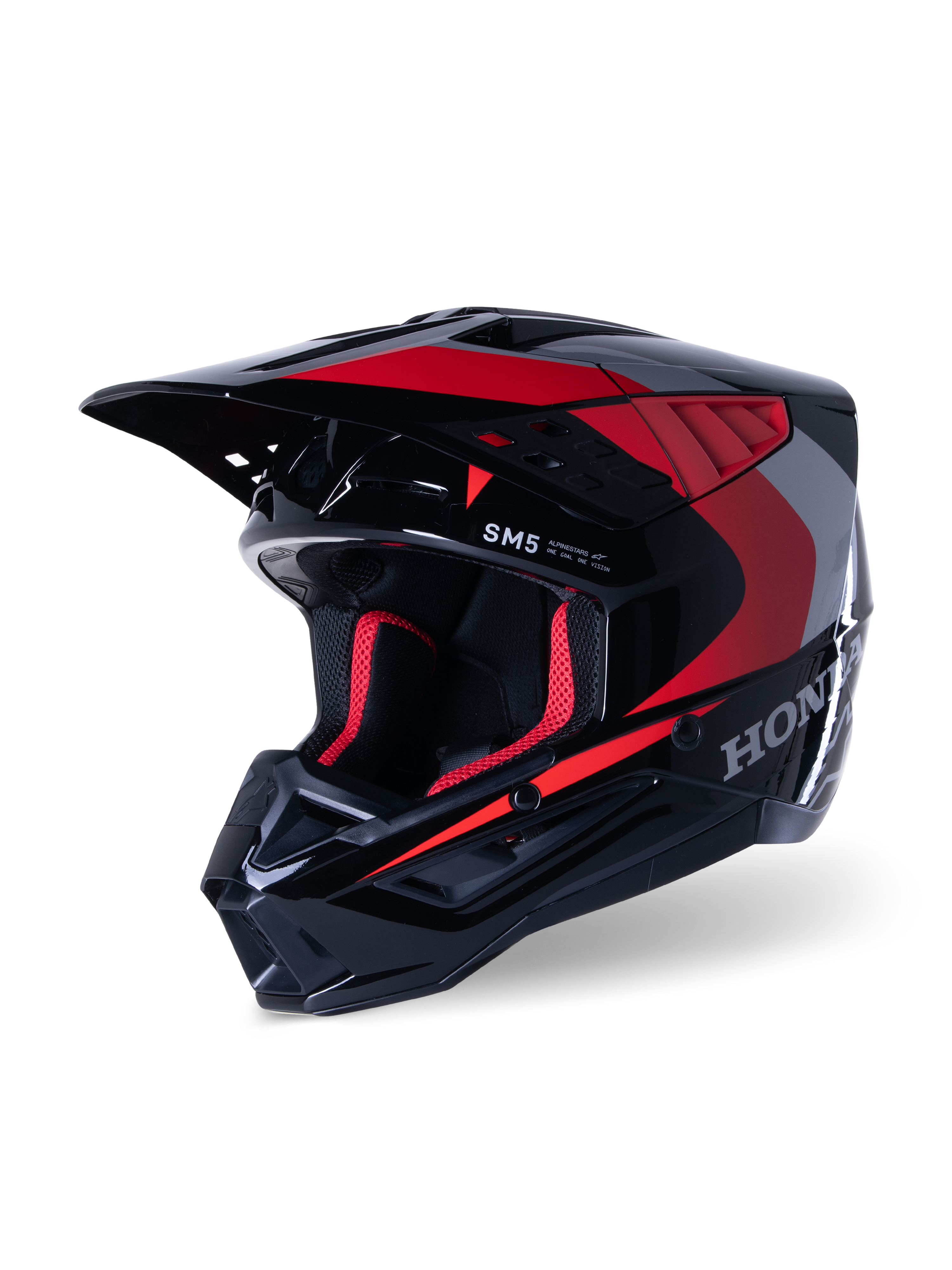 Casco Alpinestars Honda S-M5, casco de motocross, negro y rojo brillante, con gráficos plateados de Honda y el logotipo SM5, perfil aerodinámico con grandes entradas de aire y visera ajustable, diseñado para competiciones off-road