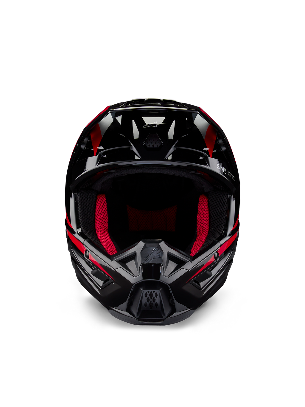 Alpinestars Honda S-M5 Helmet ECE, casco de motocross, negro rojo brillante, vista frontal con un acabado negro brillante y gráficos rojos, acolchado interno rojo vibrante, diseño angular con múltiples entradas de aire, protección de alto rendimiento para motocross