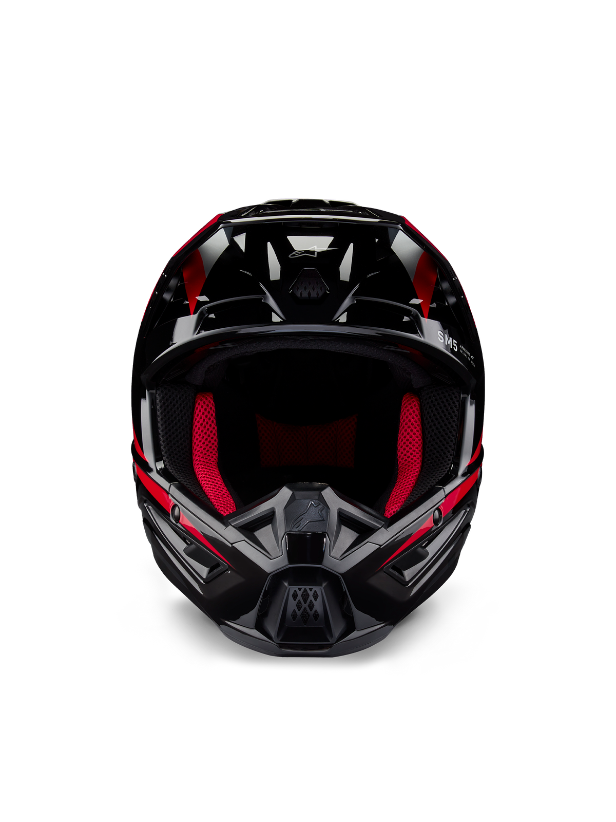 Alpinestars Honda S-M5 Helmet ECE, casco de motocross, negro rojo brillante, vista frontal con un acabado negro brillante y gráficos rojos, acolchado interno rojo vibrante, diseño angular con múltiples entradas de aire, protección de alto rendimiento para motocross
