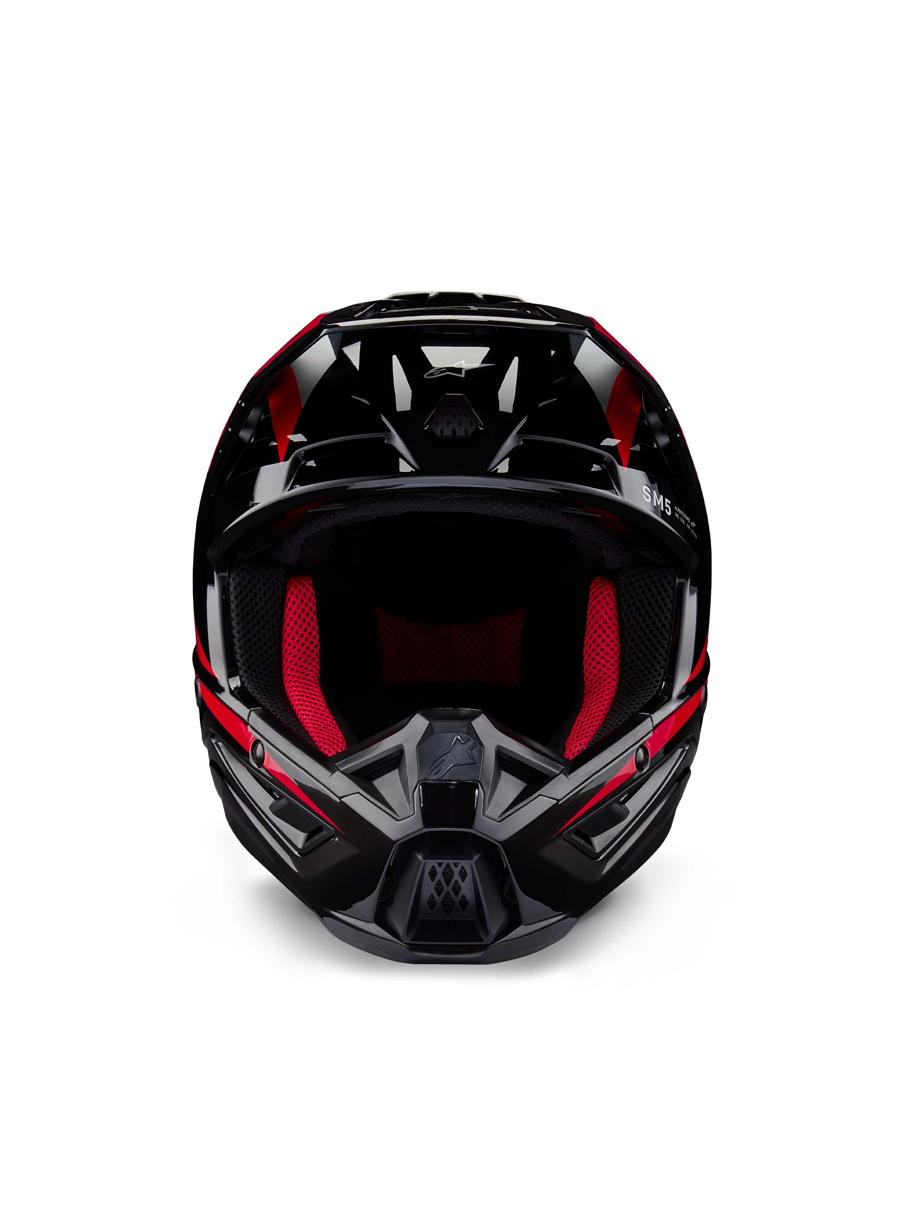 Alpinestars Honda S-M5 Helmet ECE, casco de motocross, negro rojo brillante, vista frontal con un acabado negro brillante y gráficos rojos, acolchado interno rojo vibrante, diseño angular con múltiples entradas de aire, protección de alto rendimiento para motocross