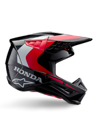 Casco Honda S-M5, casco de motocross, negro y rojo brillante con detalles en blanco y plata, vista lateral con los logotipos de Honda y Alpinestars, diseño aerodinámico con visera y múltiples puertos de ventilación, equipo de protección profesional para todoterreno