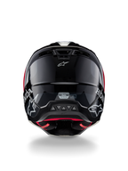 Alpinestars Honda S-M5 Helmet ECE, casco de motocross, negro y rojo brillante, vista trasera que muestra la calota negra brillante con logotipos blancos de Honda y Alpinestars, forro interior rojo y etiqueta de certificación de seguridad ECE