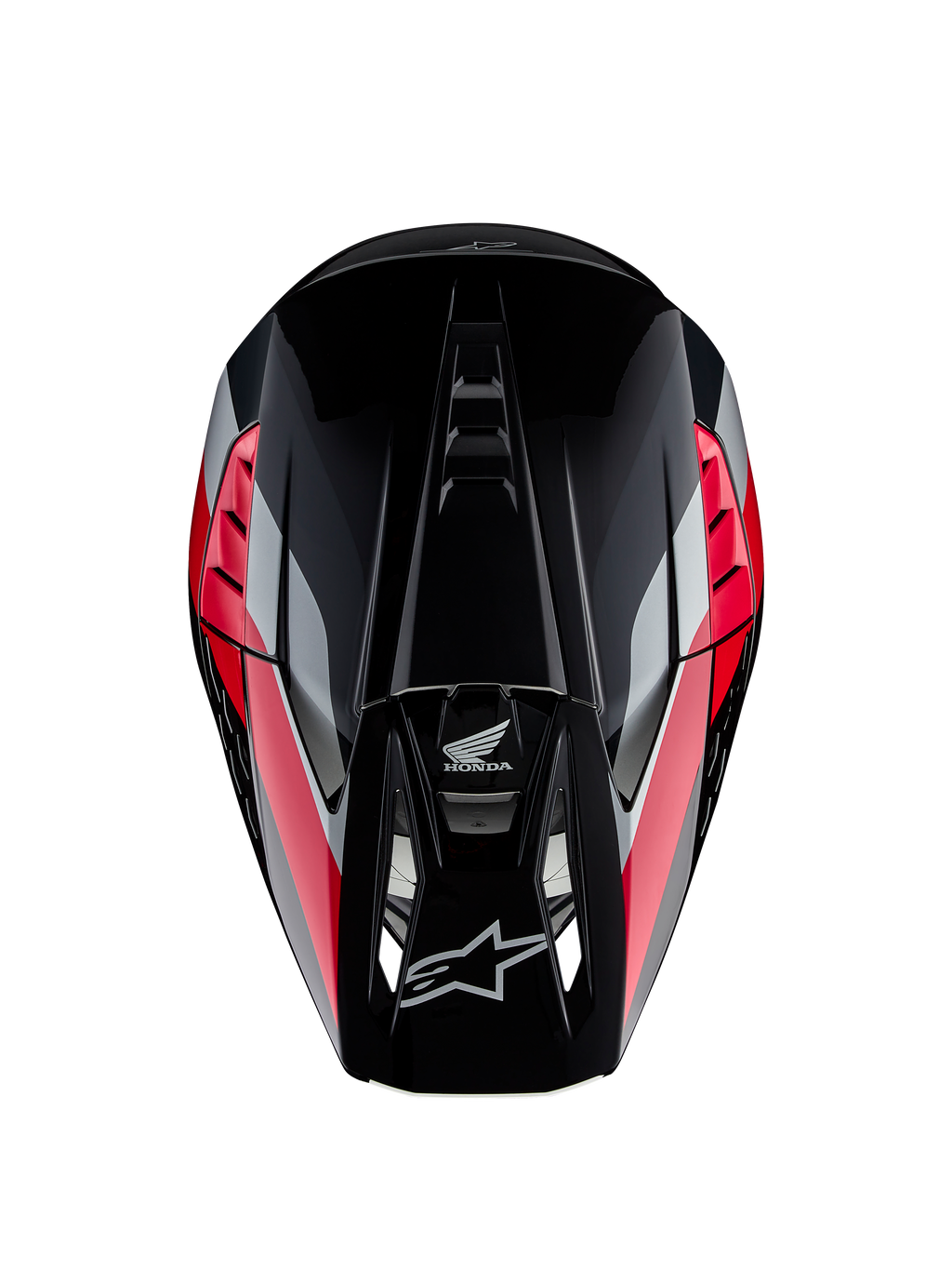 Casco Honda S-M5 ECE, casco de motocross, Negro Rojo Brillante con franjas gráficas rojas y plateadas, vista superior que muestra la carcasa aerodinámica y la visera ventilada, logotipos de Alpinestars y Honda, equipo todoterreno de alto rendimiento