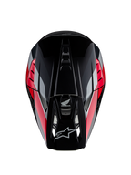 Casco Honda S-M5 ECE, casco de motocross, Negro Rojo Brillante con franjas gráficas rojas y plateadas, vista superior que muestra la carcasa aerodinámica y la visera ventilada, logotipos de Alpinestars y Honda, equipo todoterreno de alto rendimiento