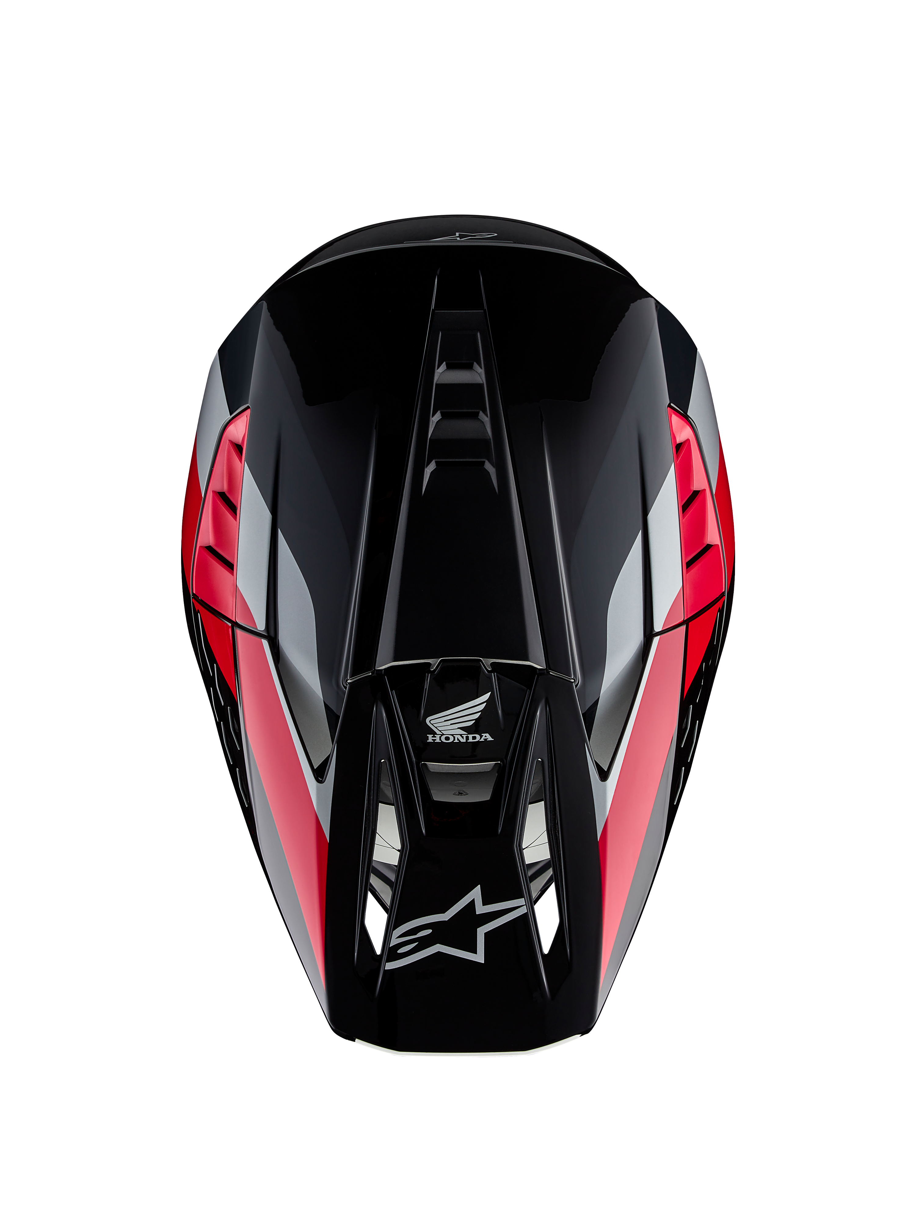 Casco Honda S-M5 ECE, casco de motocross, Negro Rojo Brillante con franjas gráficas rojas y plateadas, vista superior que muestra la carcasa aerodinámica y la visera ventilada, logotipos de Alpinestars y Honda, equipo todoterreno de alto rendimiento