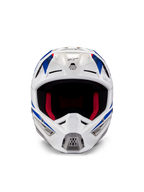 Alpinestars Honda S-M5 Helmet ECE, Motocross Helmet, White Blue and Red Glossy, front view showing ventilation ports and red inner padding, aerodynamic design for off-road racing protection