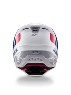 Alpinestars Honda S-M5 Helmet ECE, Motocross Helmet, White Blue and Red Glossy, Rear view showing Honda and Alpinestars branding, sleek shell with integrated ventilation exhaust ports and ECE certification label.