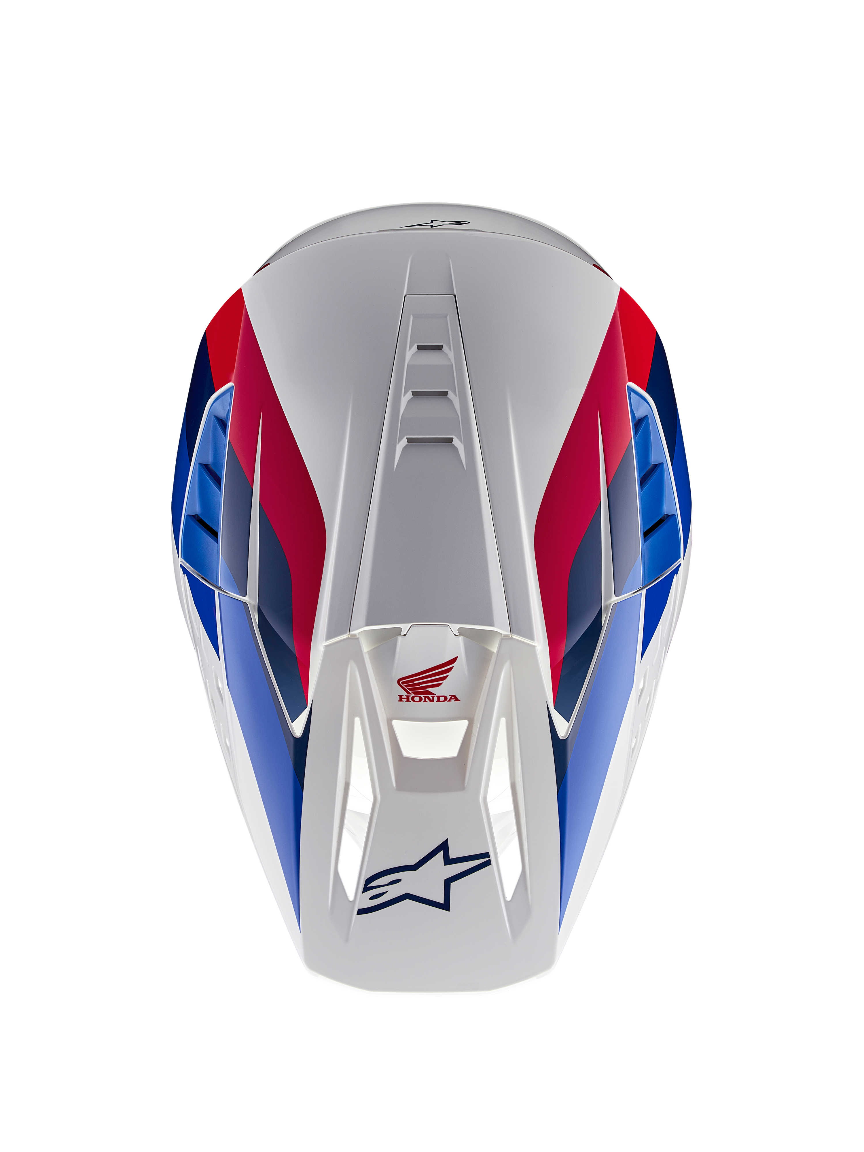Alpinestars Honda S-M5 Helmet ECE, Motocross Helmet, White Blue and Red Glossy, top-down view highlighting ventilation channels, featuring red and blue graphics with Honda and Alpinestars logos