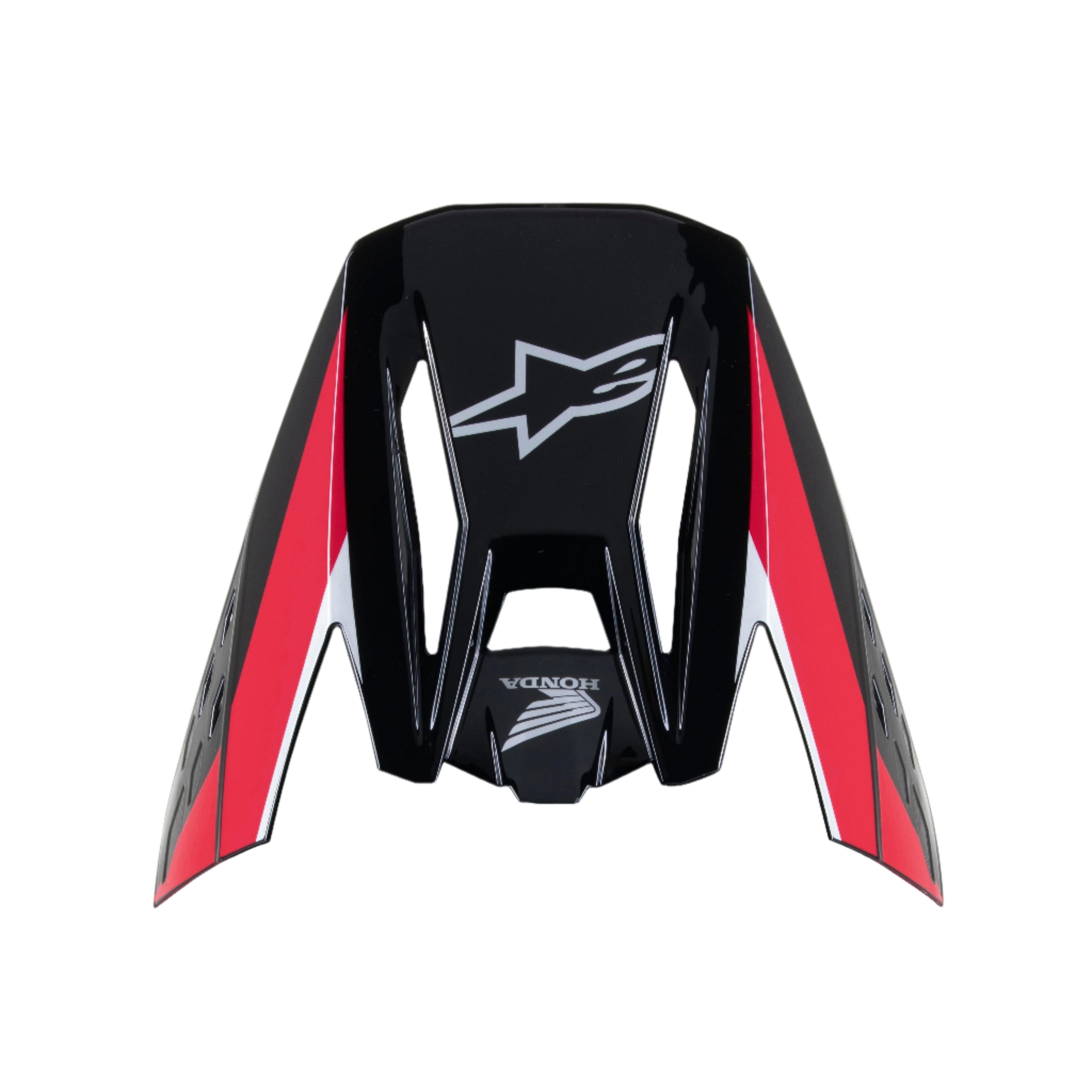 Visera Alpinestars Honda S-M5, negro y rojo brillante, visera de repuesto para casco de motocross, con logotipos blancos de Alpinestars y Honda, franjas gráficas rojas y blancas, acabado brillante para conducción todoterreno