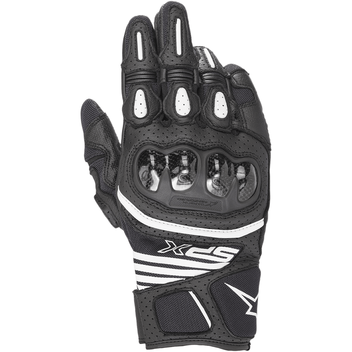 Guantes Alpinestars SPX AC V2, guantes de moto de puño corto, color negro y blanco, con protección de carbono brillante en los nudillos, cuero perforado y malla para ventilación, inserciones de TPR blancas en los dedos y logotipo deportivo SPX