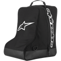 Bolsa para botas Alpinestars, almacenamiento para equipo de motocross, negra con logo de estrella blanca y marca vertical, asa de transporte superior, base de lona reforzada, poliéster 600D duradero, diseñada para calzado off-road