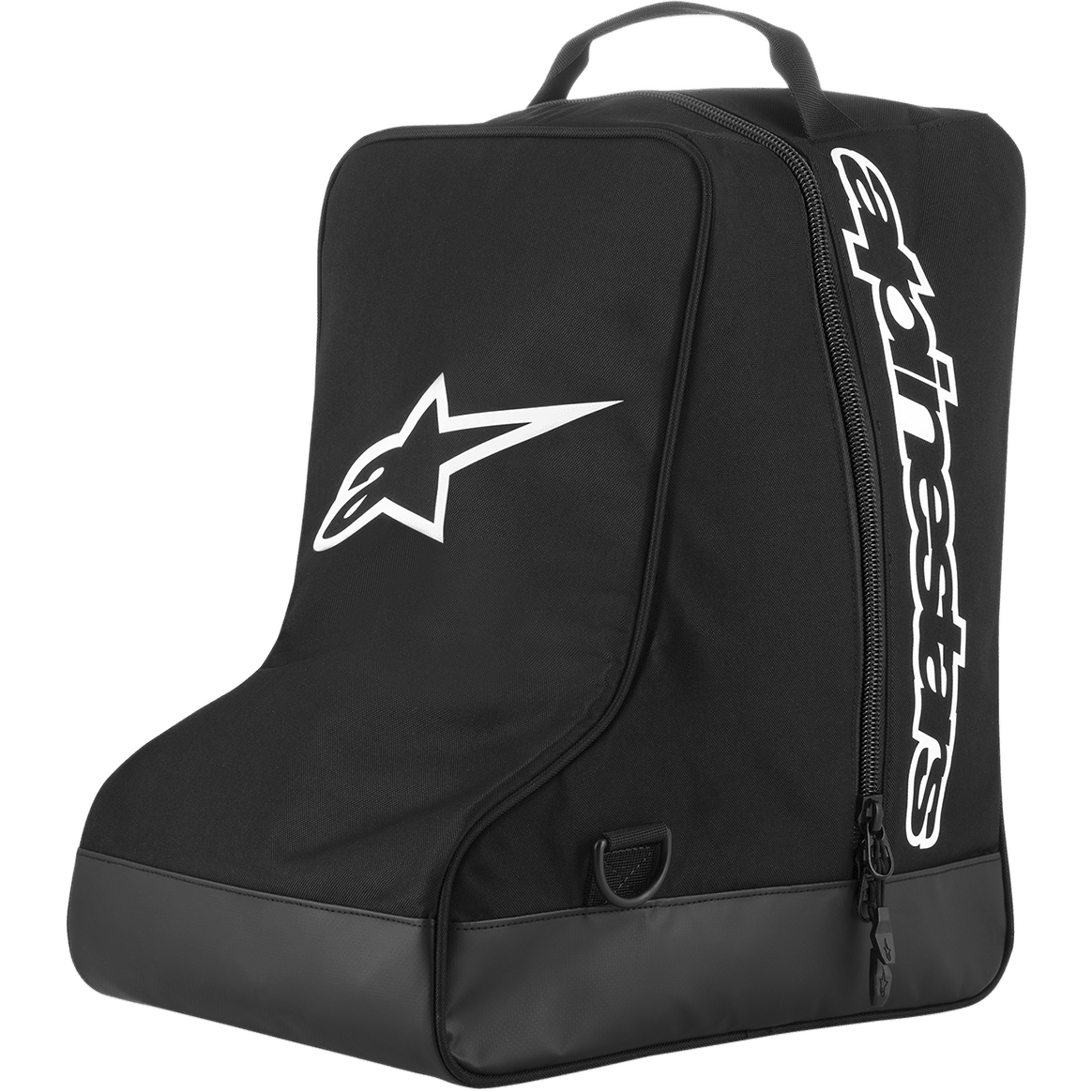 Bolsa para botas Alpinestars, almacenamiento para equipo de motocross, negra con logo de estrella blanca y marca vertical, asa de transporte superior, base de lona reforzada, poliéster 600D duradero, diseñada para calzado off-road