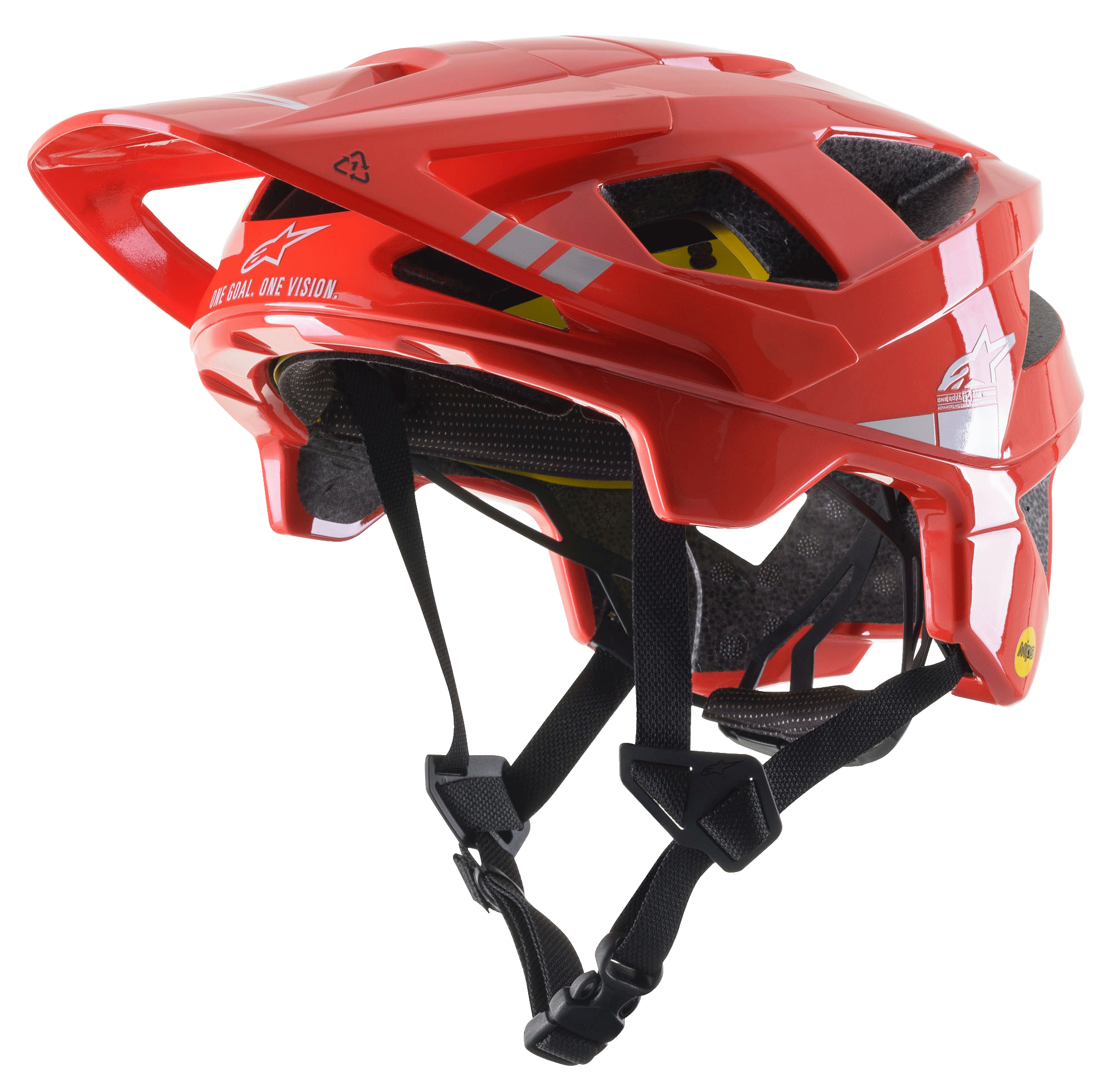 Casco de MTB Alpinestars Vector Tech A2, rojo brillante con detalles en gris claro brillante, logotipos y gráficos blancos de Alpinestars, visera ajustable, múltiples puertos de ventilación, correas de barbilla negras y diseño ligero para bicicleta de montaña