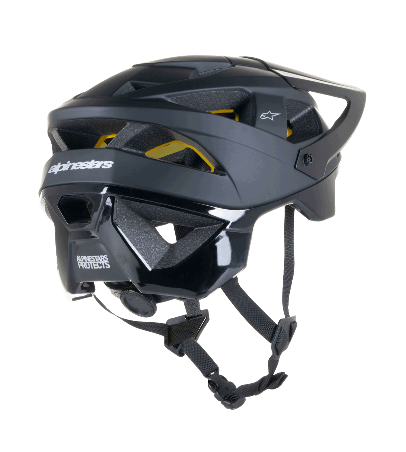 Casco Alpinestars Vector Tech Solid, casco de ciclismo MTB, acabado en negro mate y brillante, con sistema de protección Mips, 19 aberturas de ventilación y cobertura extendida en la nuca para protección en senderos.