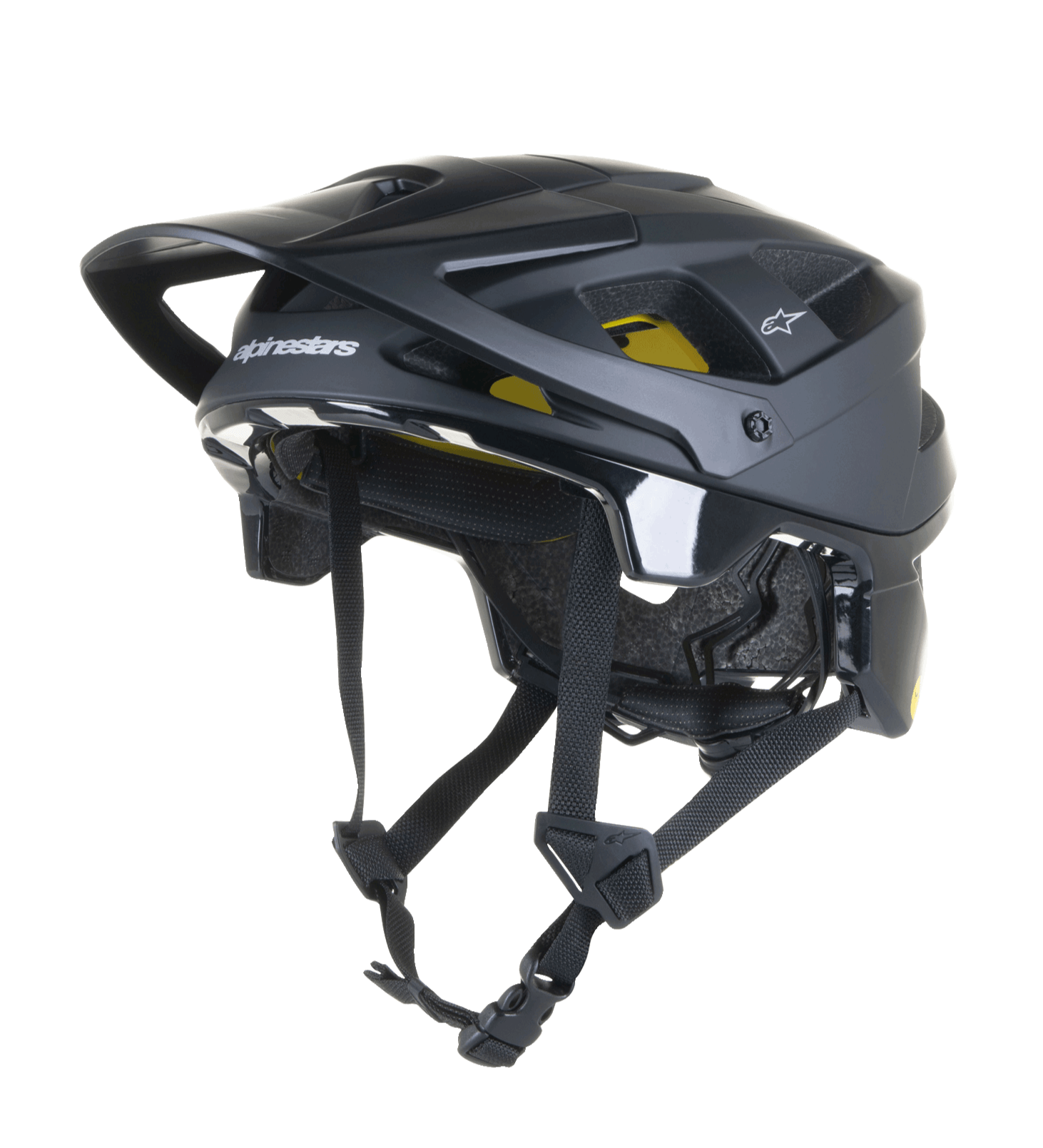 Alpinestars Vector Tech Solid Helmet, casco de MTB para ciclismo de montaña, acabado negro mate y brillante con 19 ventilaciones, acolchado interior MIPS amarillo, visera y correas ajustables, protección ligera para trail y all-mountain