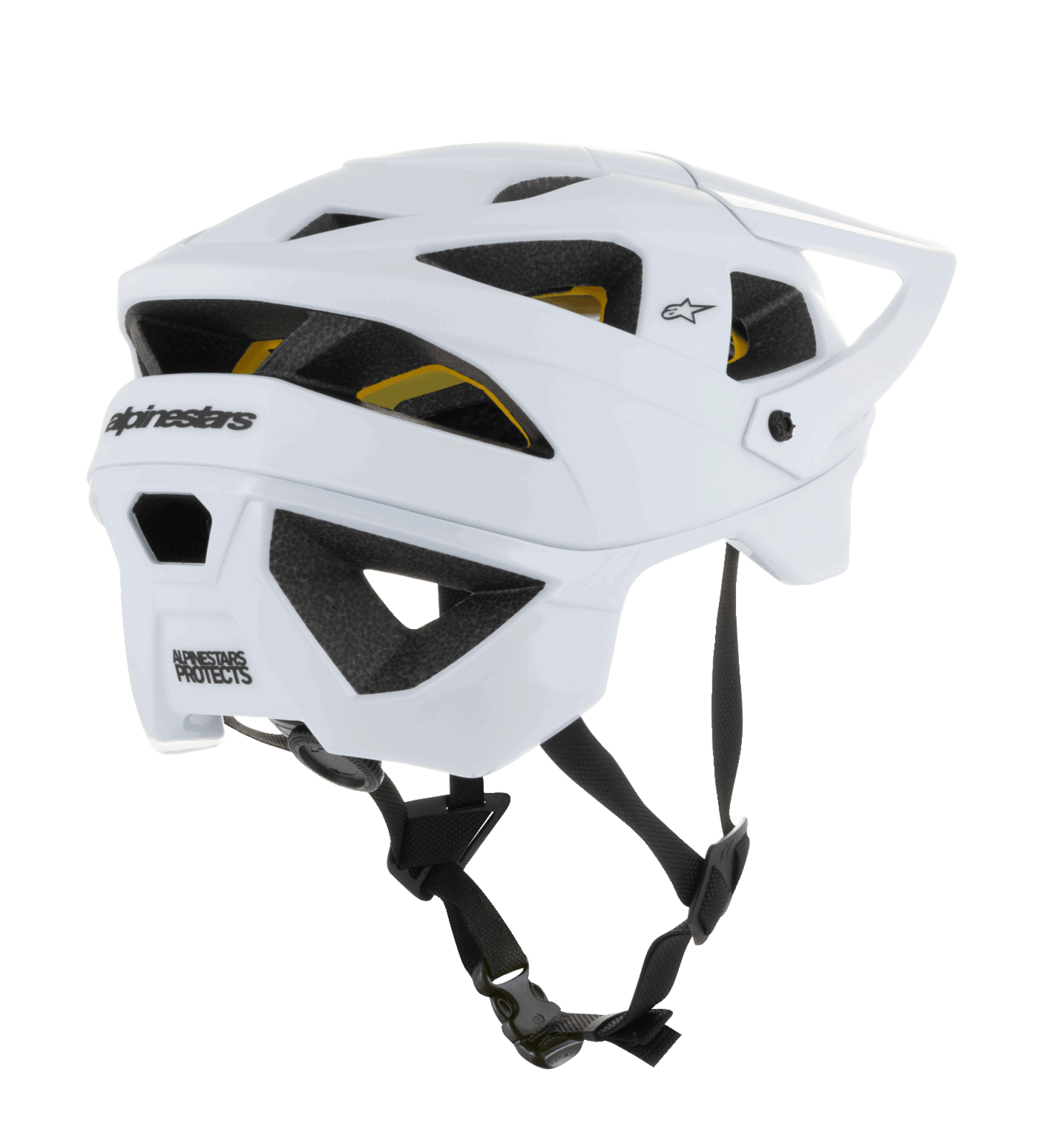 Casco Alpinestars Vector Tech Solid, casco de MTB abierto, acabado en blanco mate y brillante, con amplias aberturas de ventilación y revestimiento Mips amarillo visible, logotipo de Alpinestars en negro en la parte trasera y correa ajustable negra, protección profesional para ciclismo de montaña