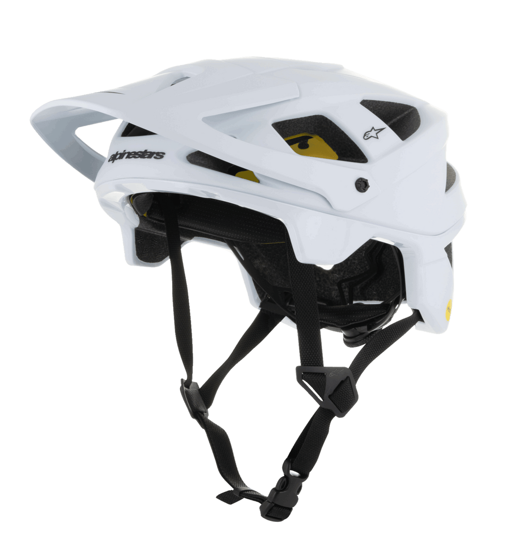 Casco Alpinestars Vector Tech Solid, casco de bicicleta de montaña MTB, blanco mate y brillante, con un diseño angular, múltiples ventilaciones, correas ajustables negras, acolchado interior Mips amarillo y visera frontal ajustable