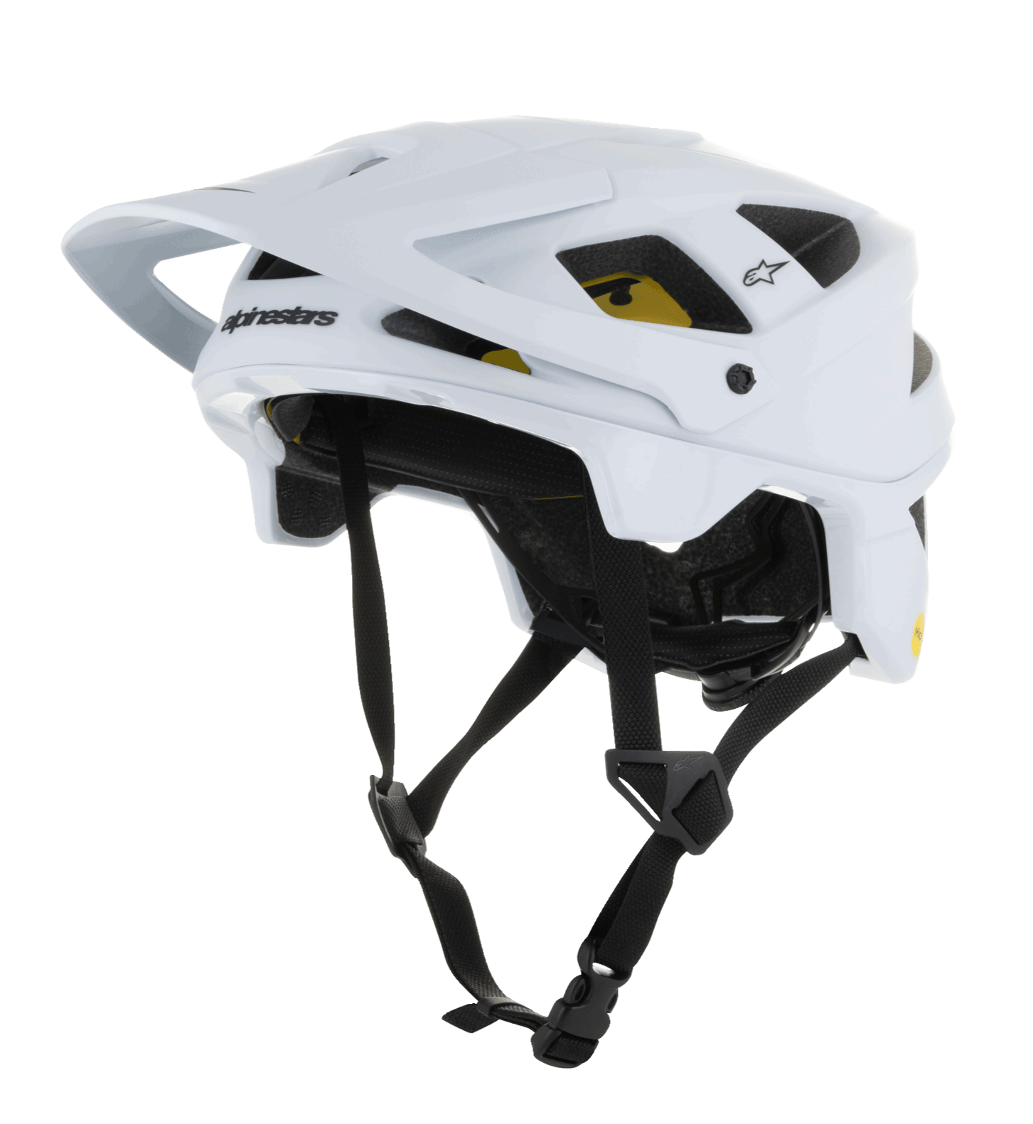 Casco Alpinestars Vector Tech Solid, casco de bicicleta de montaña MTB, blanco mate y brillante, con un diseño angular, múltiples ventilaciones, correas ajustables negras, acolchado interior Mips amarillo y visera frontal ajustable