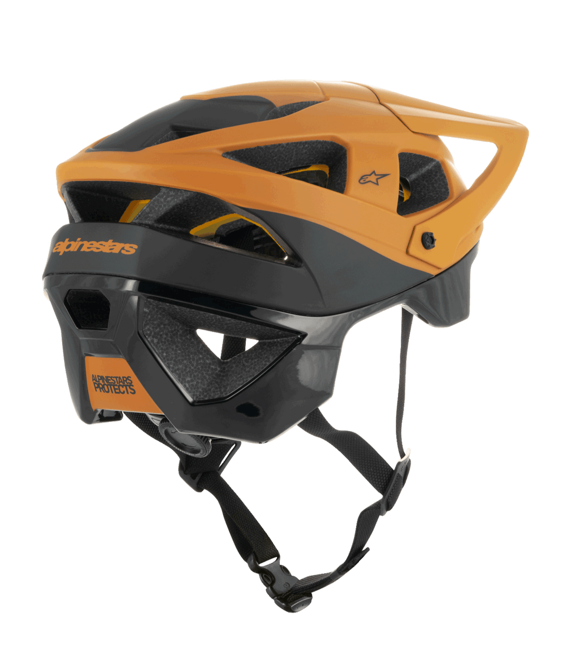 Casco Alpinestars Vector Tech Zeal, casco de MTB, negro y dorado oscuro, vista lateral trasera que muestra múltiples puertos de ventilación, visera ajustable y correa de barbilla negra segura, equipo de protección para bicicleta de montaña con la marca Alpinestars